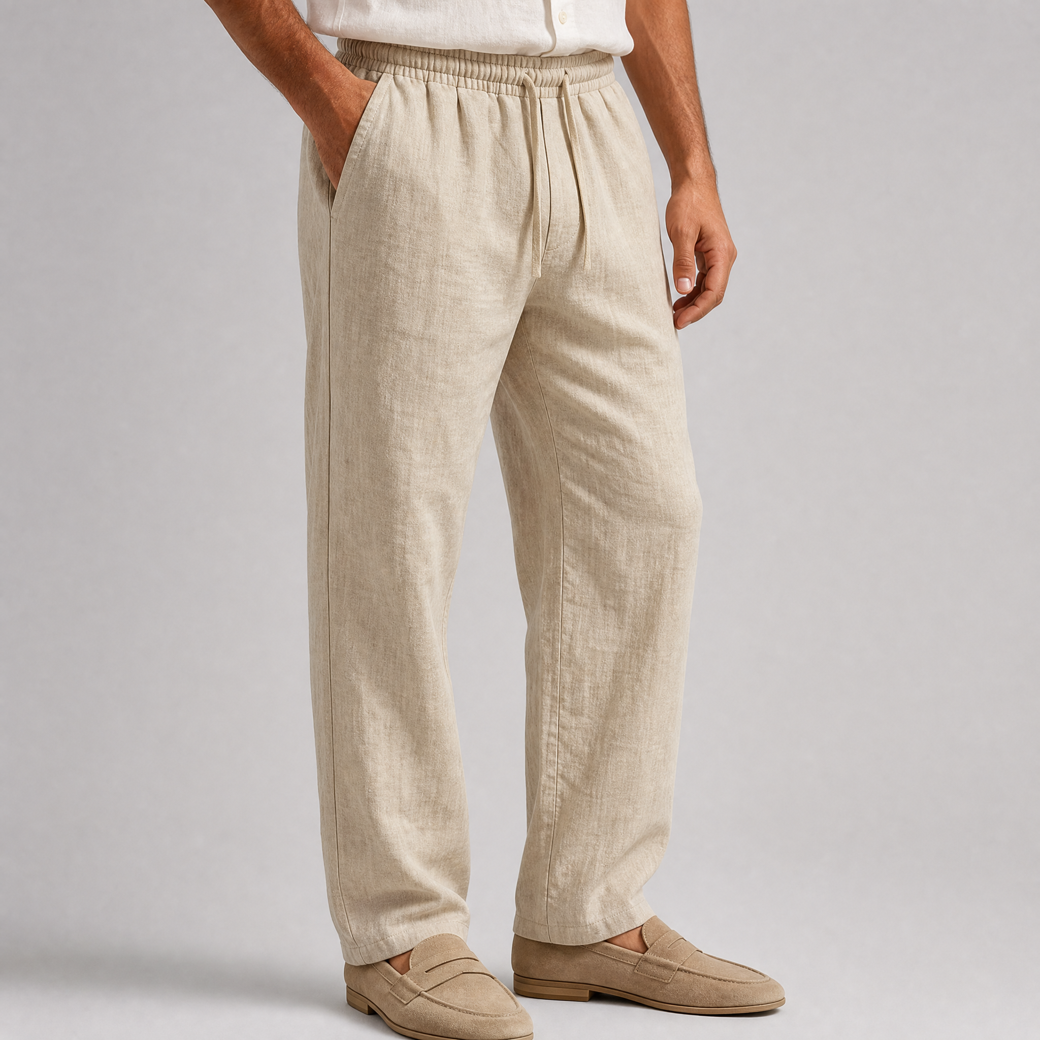 Men’s Sand Beige Relaxed-Fit Linen Trousers