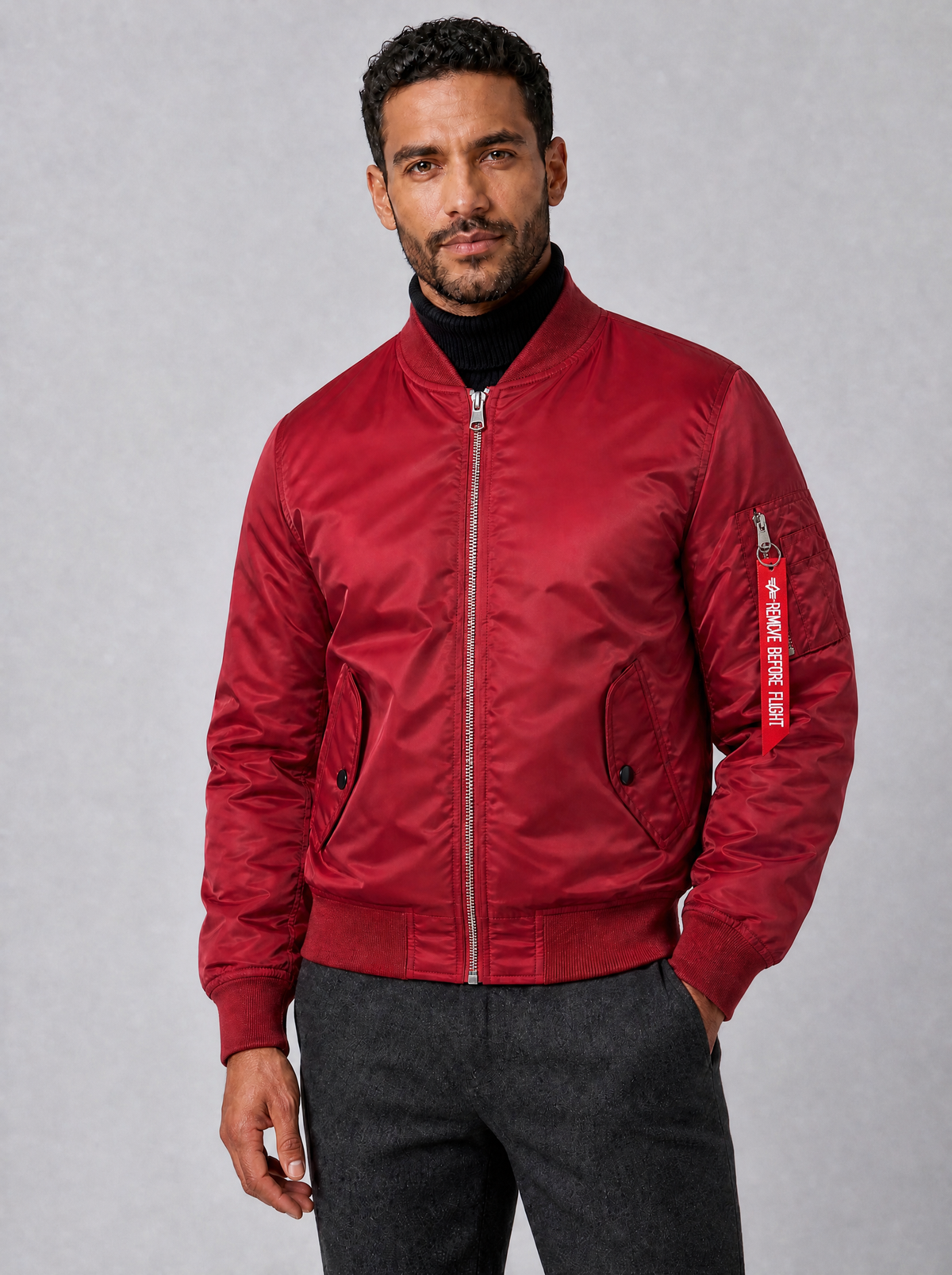 Men's Satin Look Regular Flight Tag Bomber Jacket - Red colour view