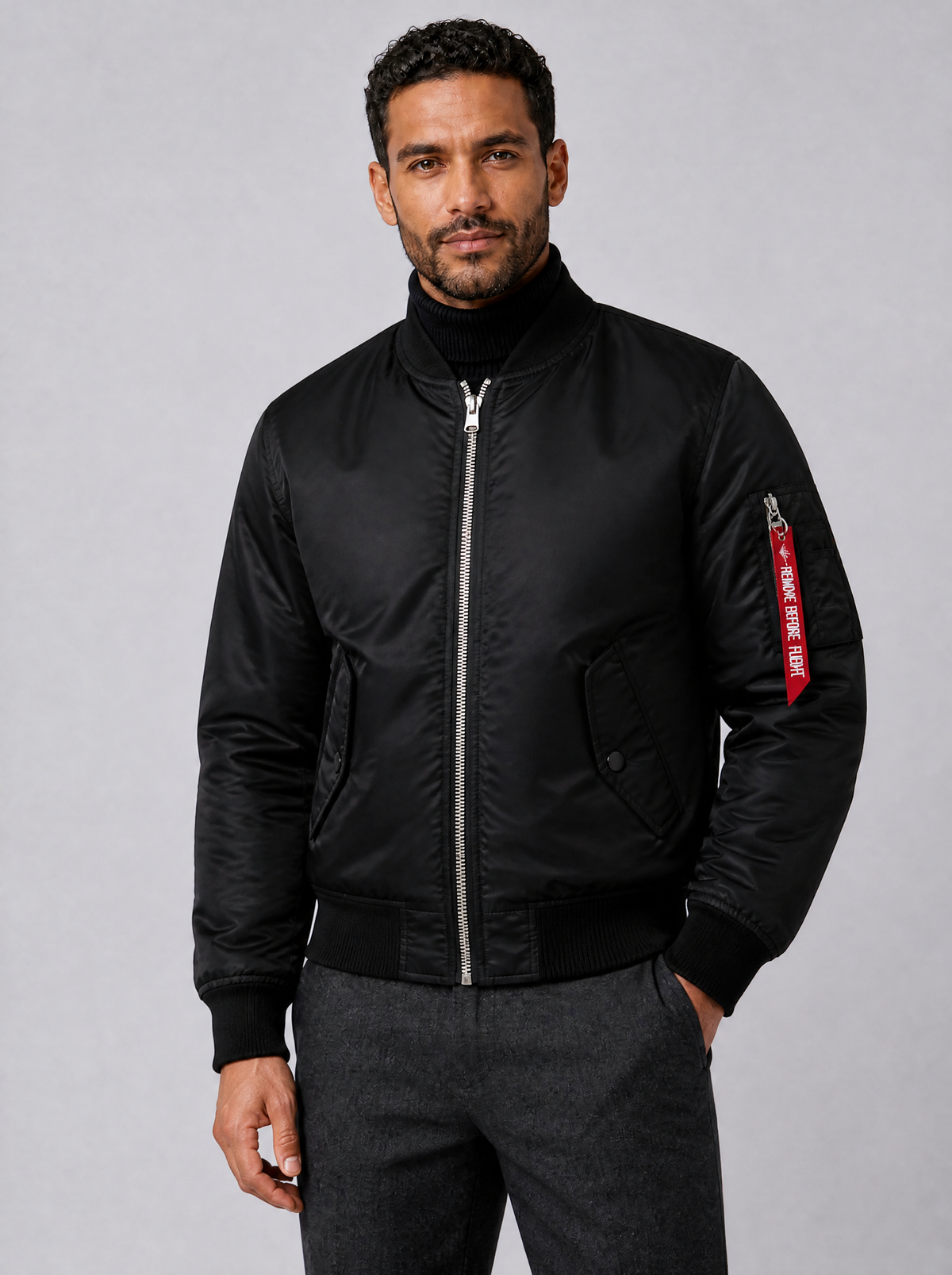 Men's Satin Look Regular Flight Tag Bomber Jacket - Black colour view