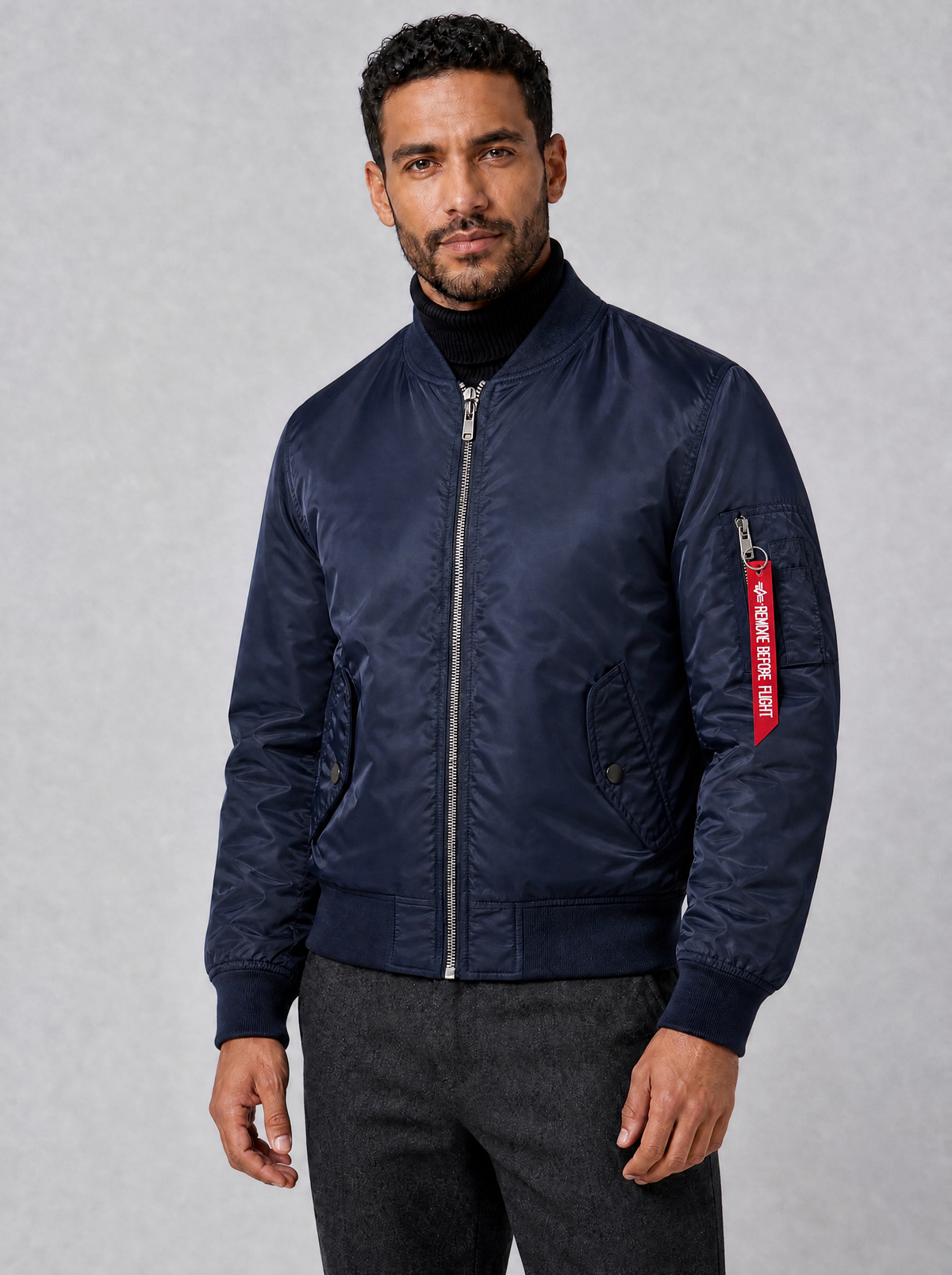 Men's Satin Look Regular Flight Tag Bomber Jacket - Navy colour view