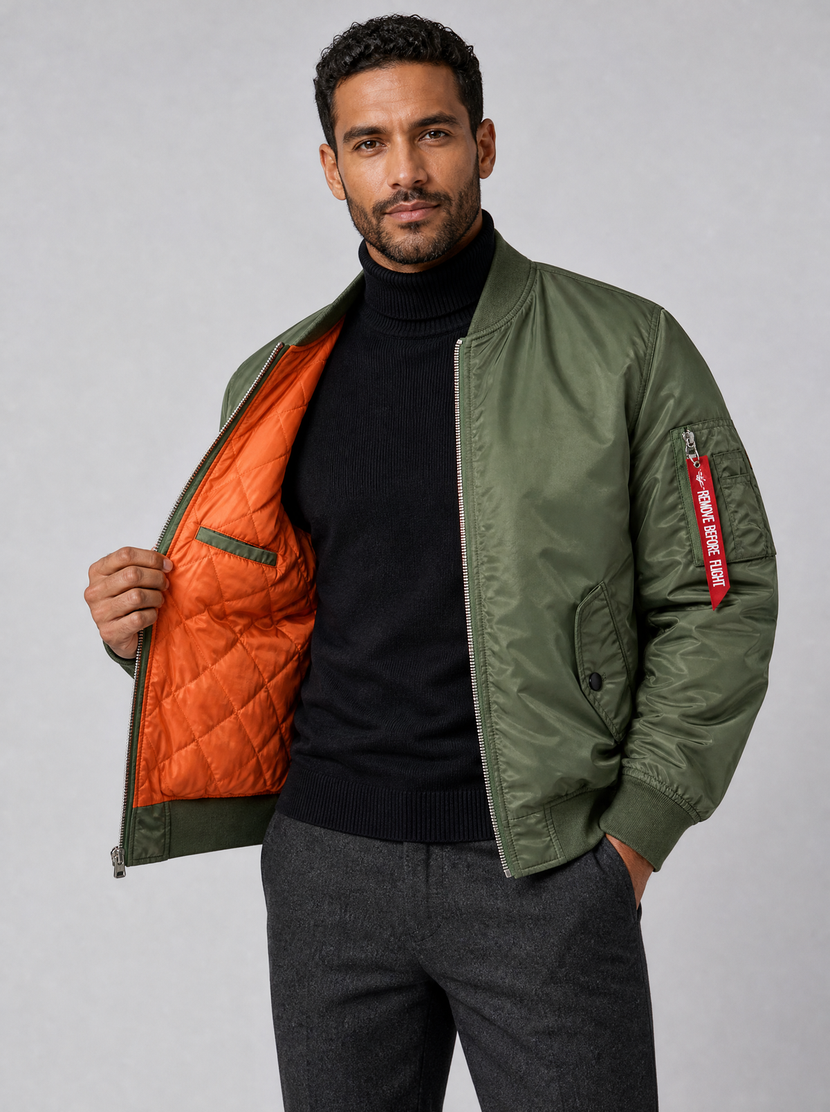Men's Satin Look Regular Flight Tag Bomber Jacket - Green colour view