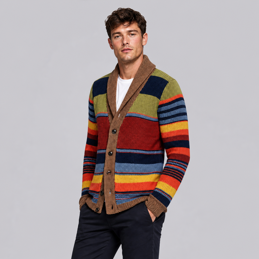Men's Shawl Collar Cardigan Striped Knit Jumper Regular Fit