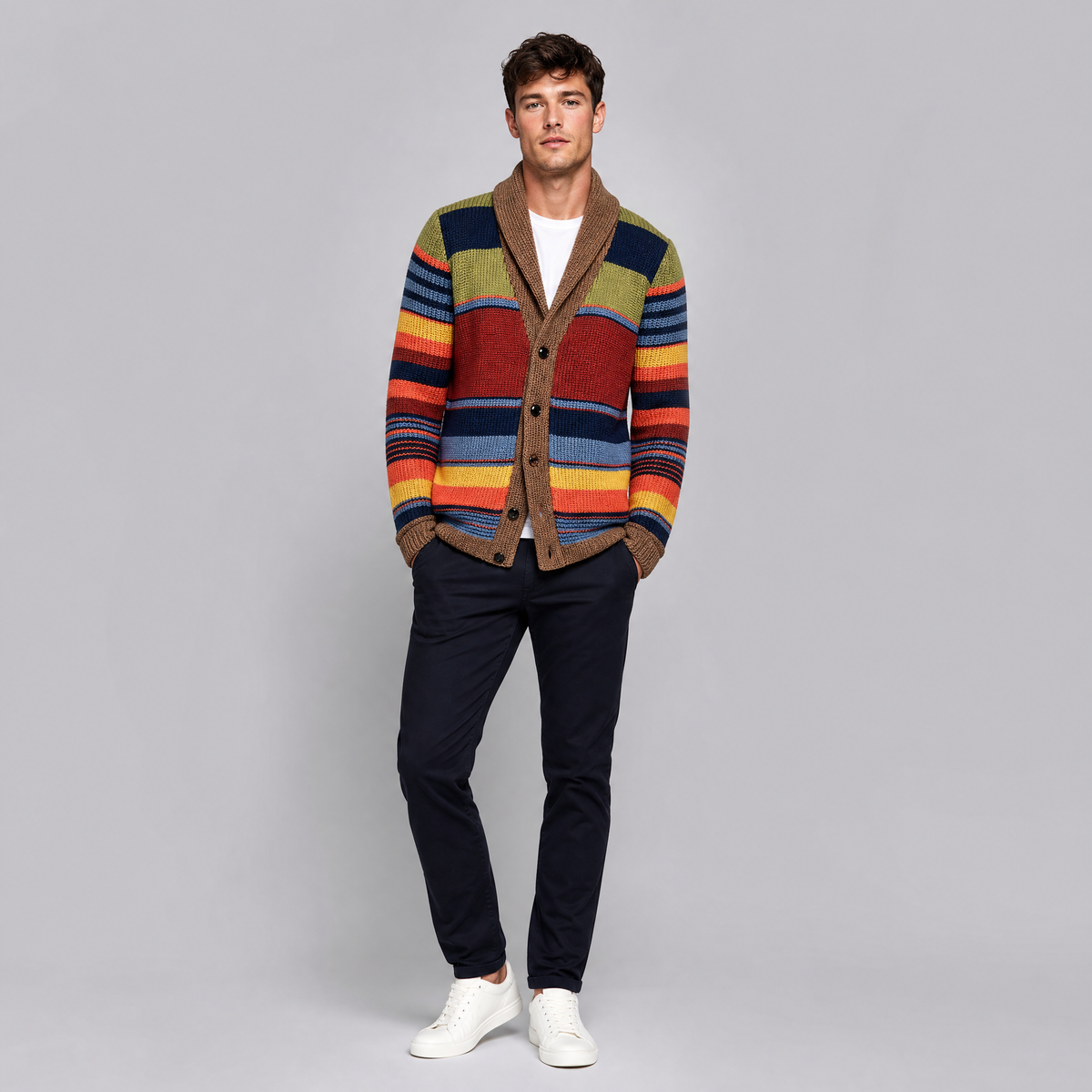 Men's Shawl Collar Cardigan Striped Knit Jumper Regular Fit