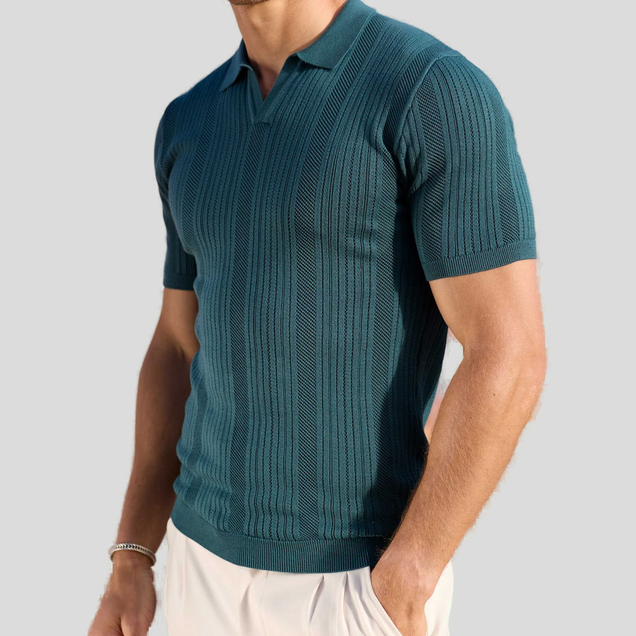 Men’s Short-Sleeve Open Collar Textured Knit Polo Shirt