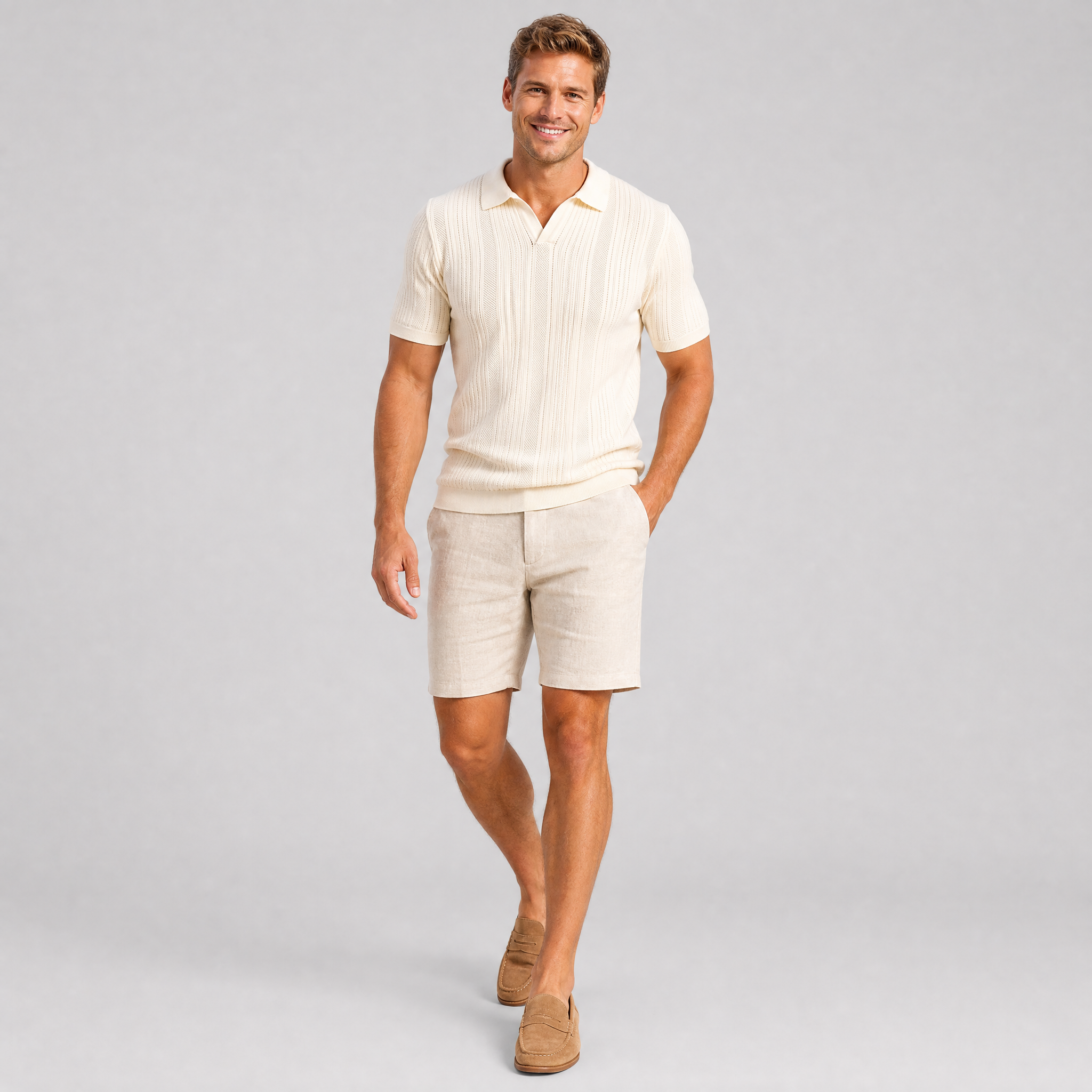 Men’s Short-Sleeve Open Collar Textured Knit Polo Shirt