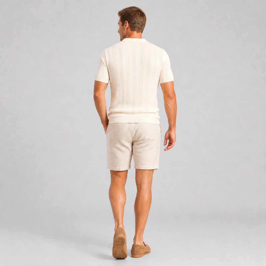 Men’s Short-Sleeve Open Collar Textured Knit Polo Shirt