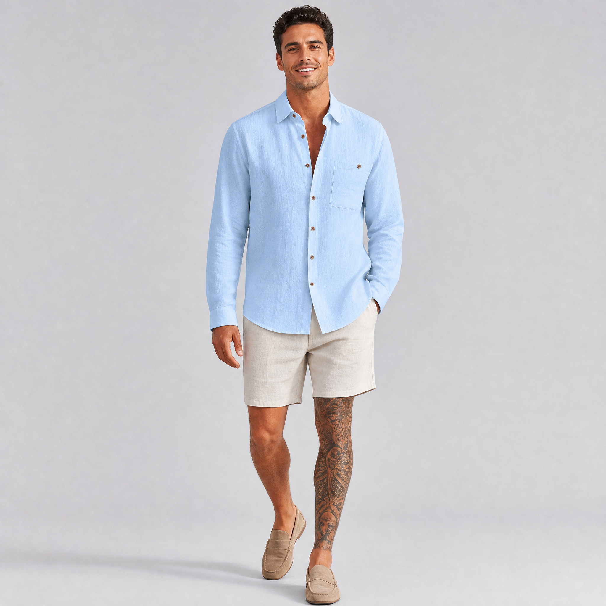 Men’s Sky Blue Relaxed-Fit Pure Linen Shirt