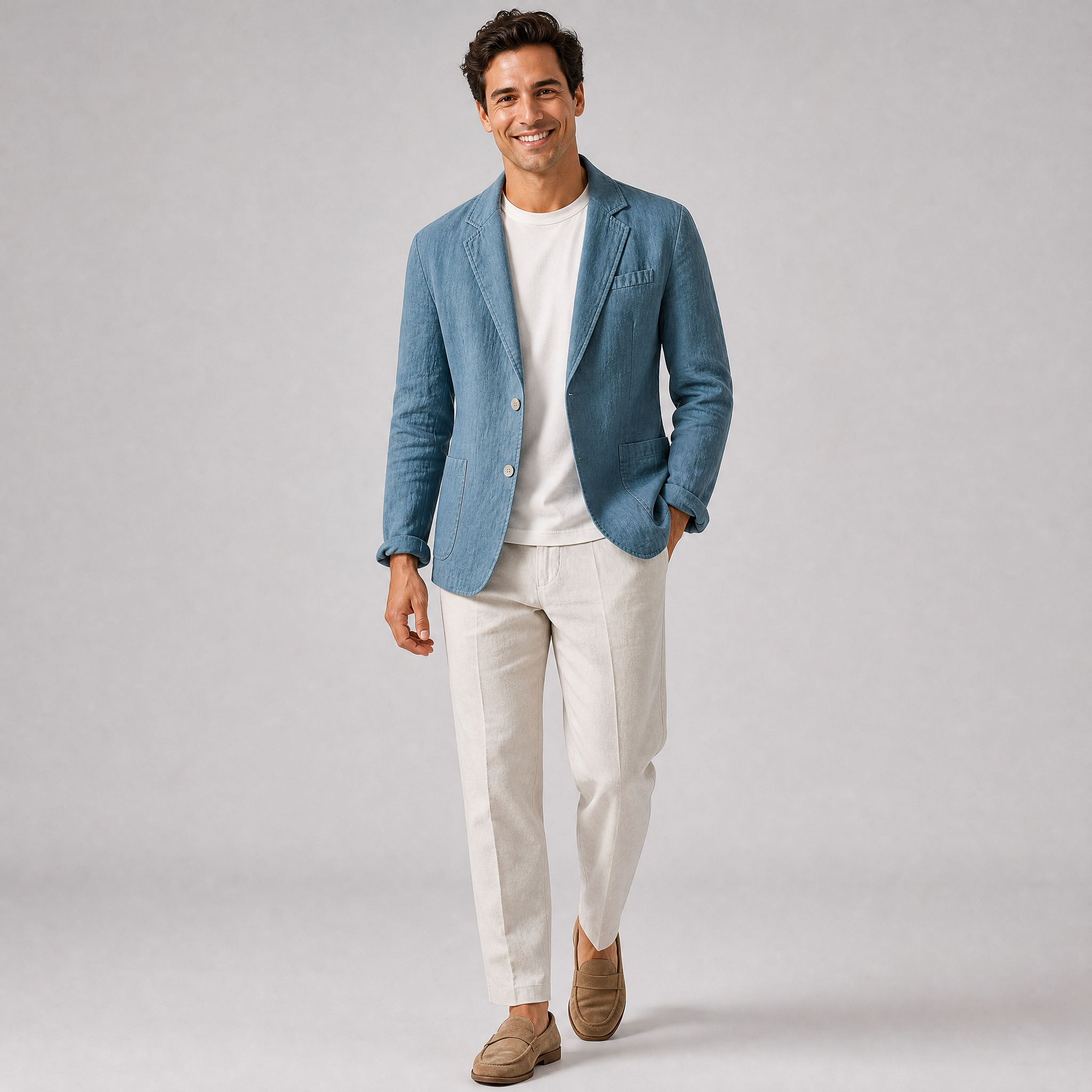 Men's Slate Blue Relaxed Smart Casual Linen Blend Blazer