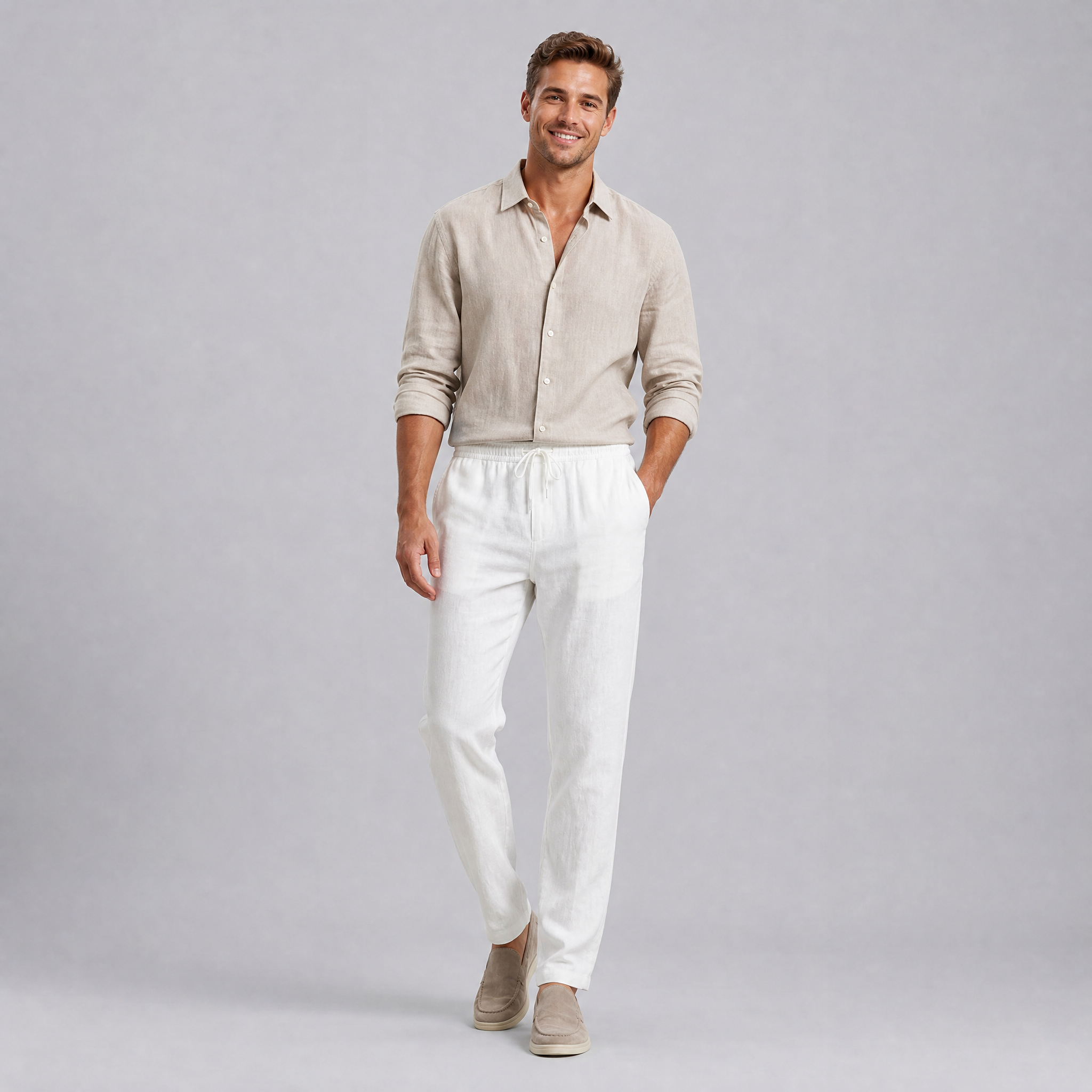 Men’s Slim-Fit Linen Drawstring Trousers