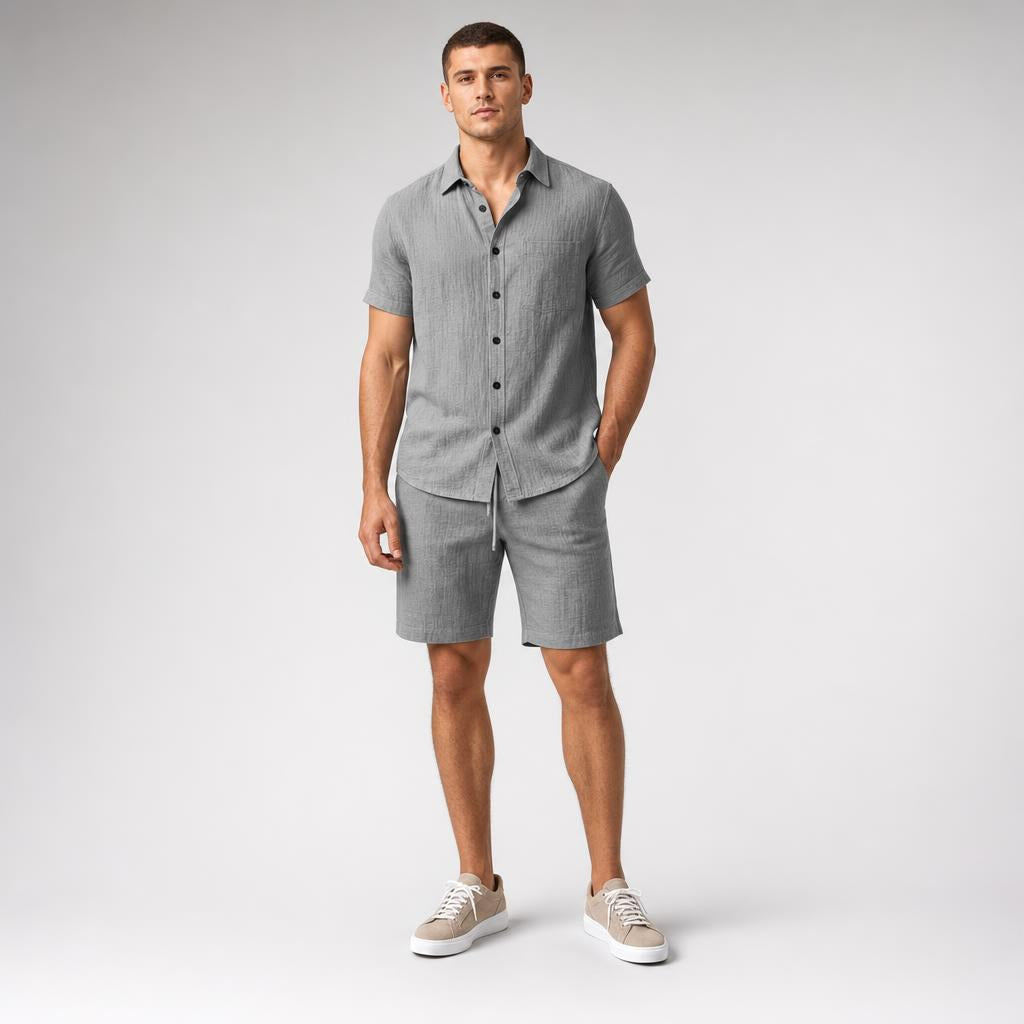 Men’s Slub-Knit Collared Textured Shorts Set