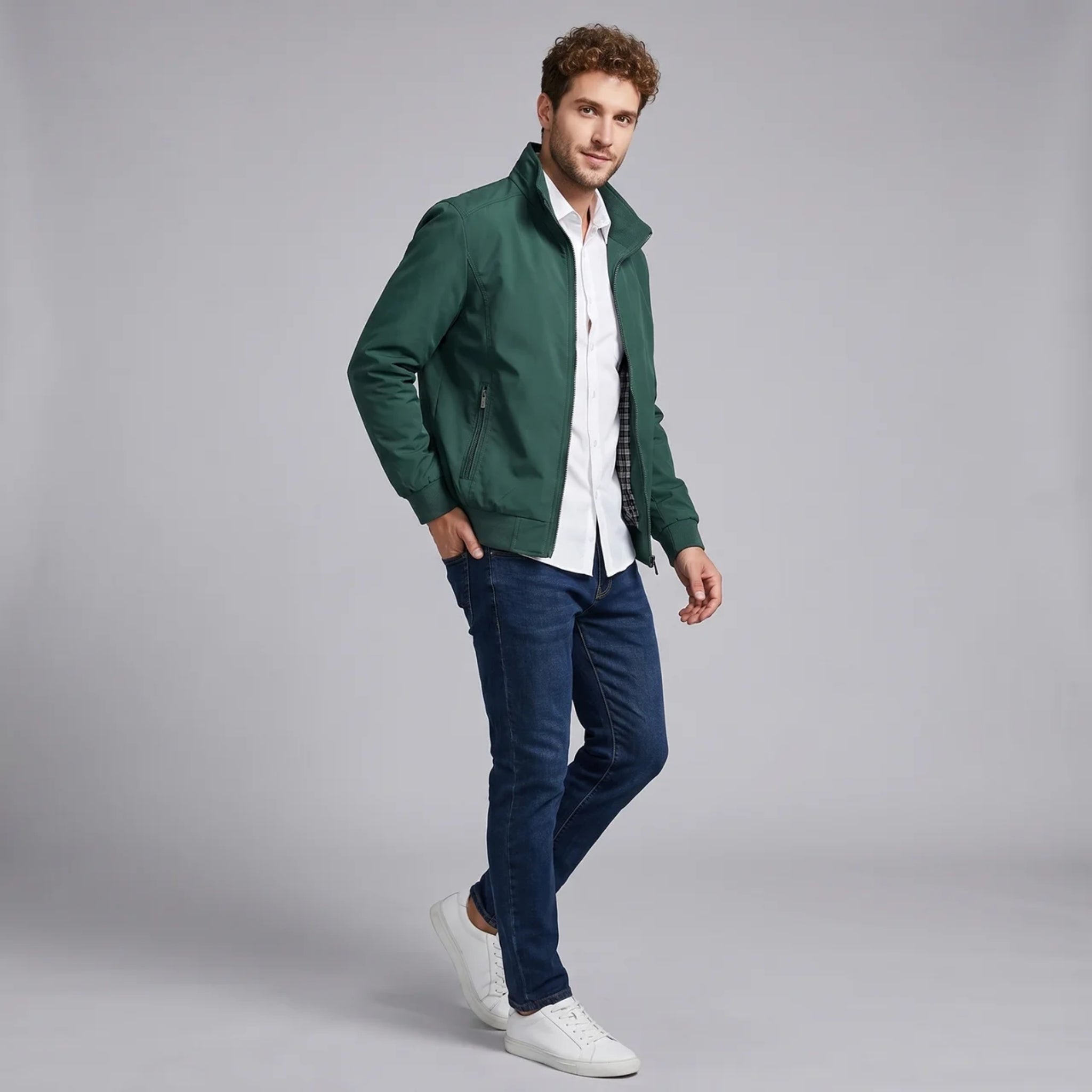 Men’s Stand-Collar Zip-Up Jacket with Checkered Lining