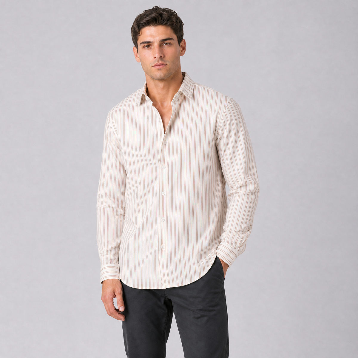 Men's Striped Cotton Blend Regular-Fit Smart Shirt Beige