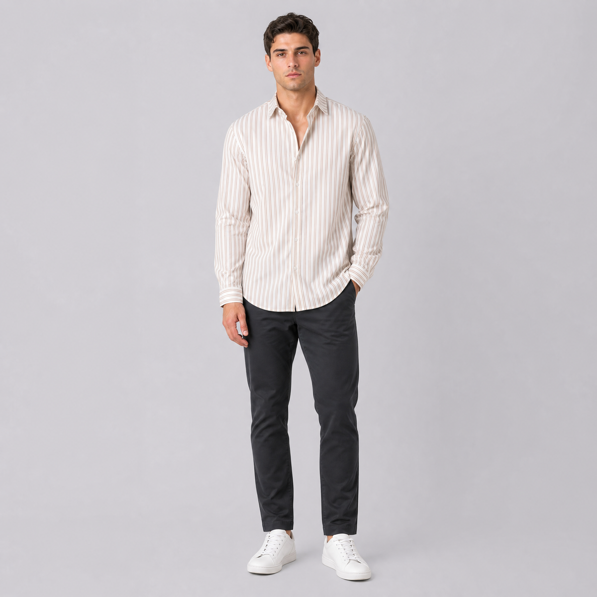 Men's Striped Cotton Blend Regular-Fit Smart Shirt Beige
