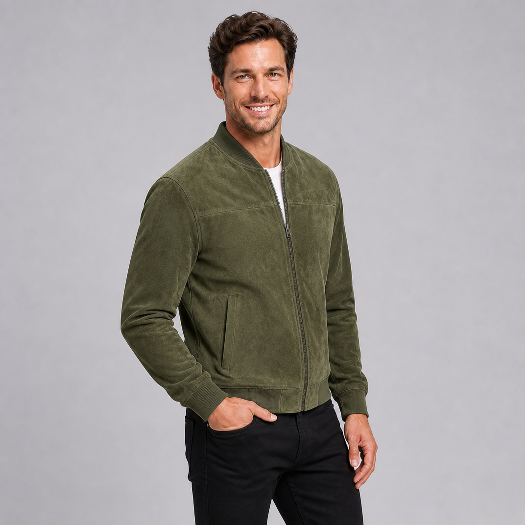 Men's Suede Zip-Up Bomber Jacket