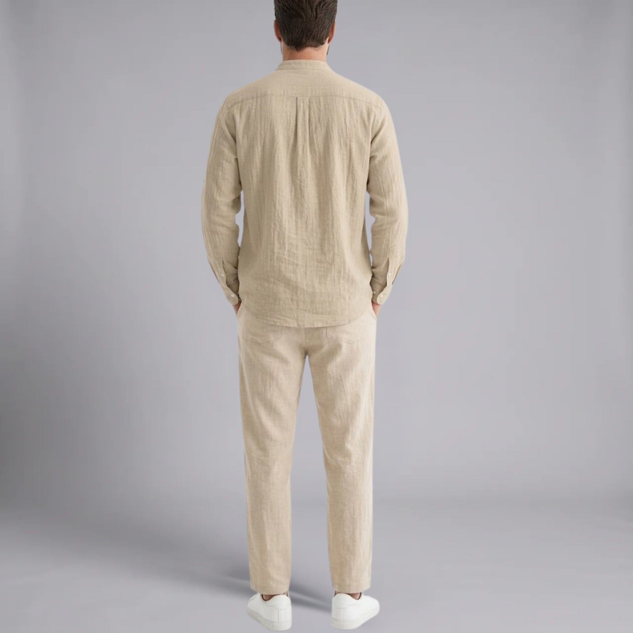 Men’s Textured Grandad-Collar Plain Linen-Blend Shirt