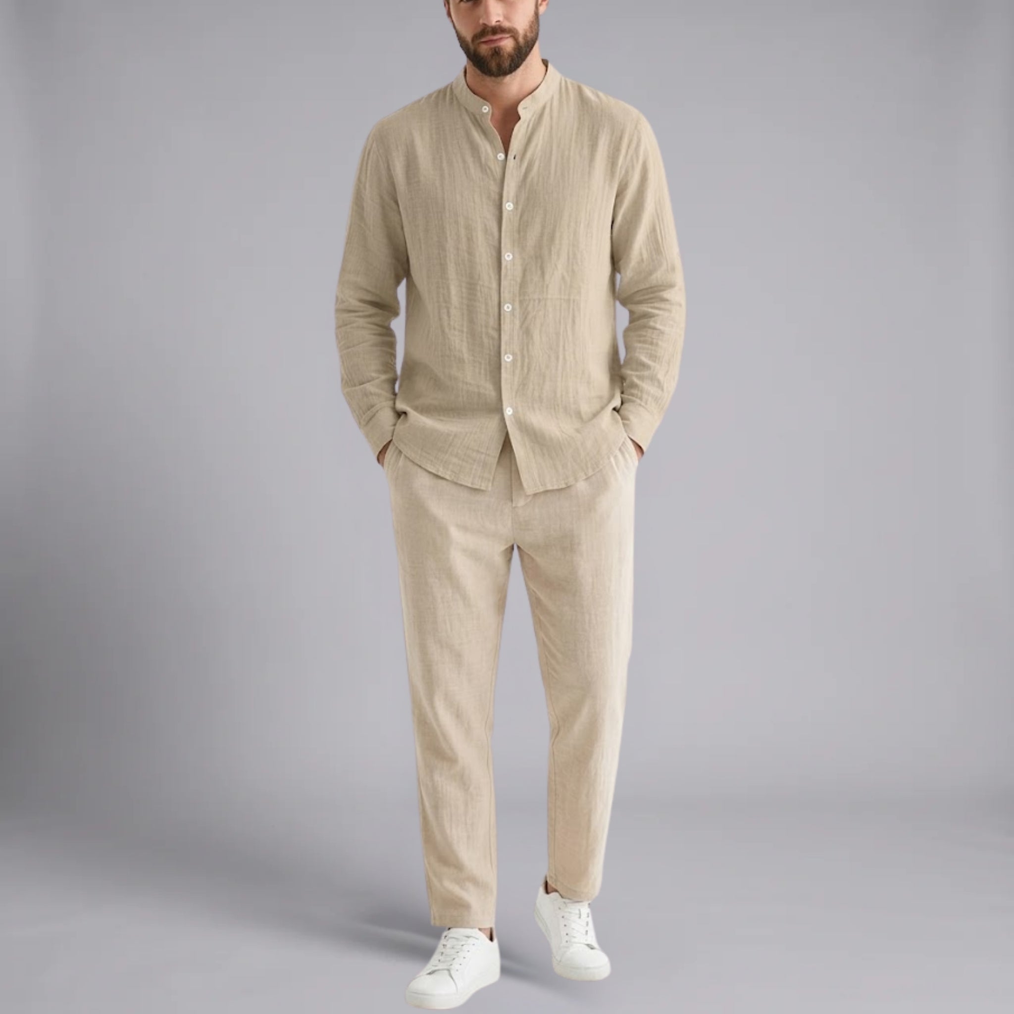 Men’s Textured Grandad-Collar Plain Linen-Blend Shirt