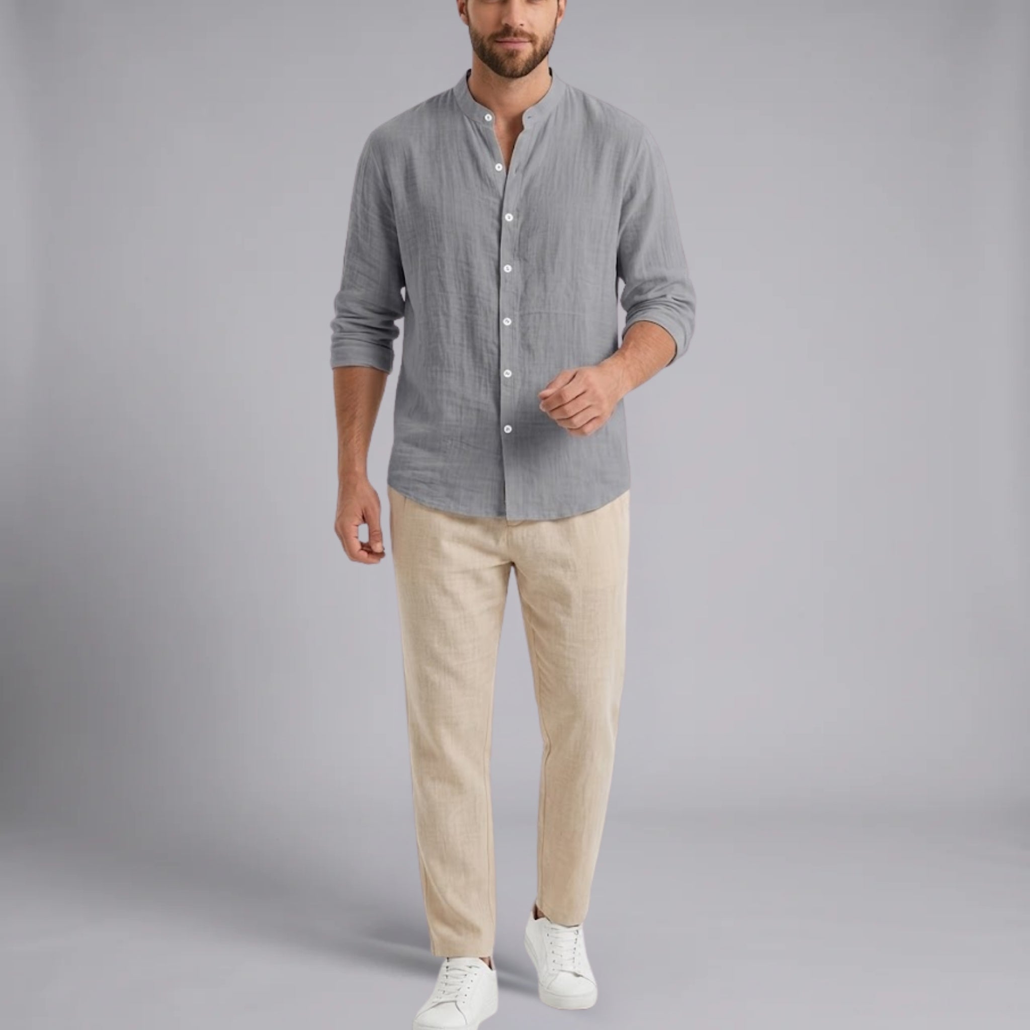 Men’s Textured Grandad-Collar Plain Linen-Blend Shirt