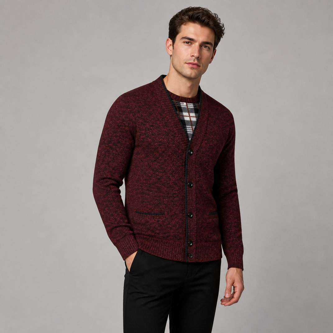 Men's Textured Knit Cardigan – Contrast Trim Button Jumper