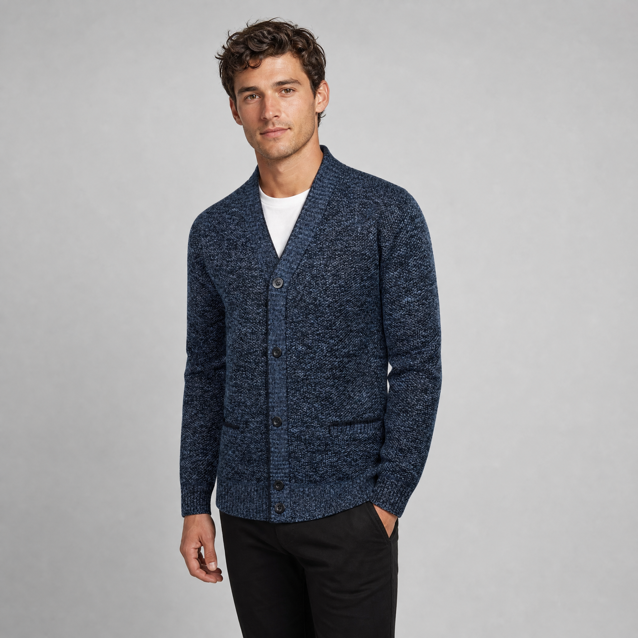 Men's Textured Knit Cardigan – Contrast Trim Button Jumper