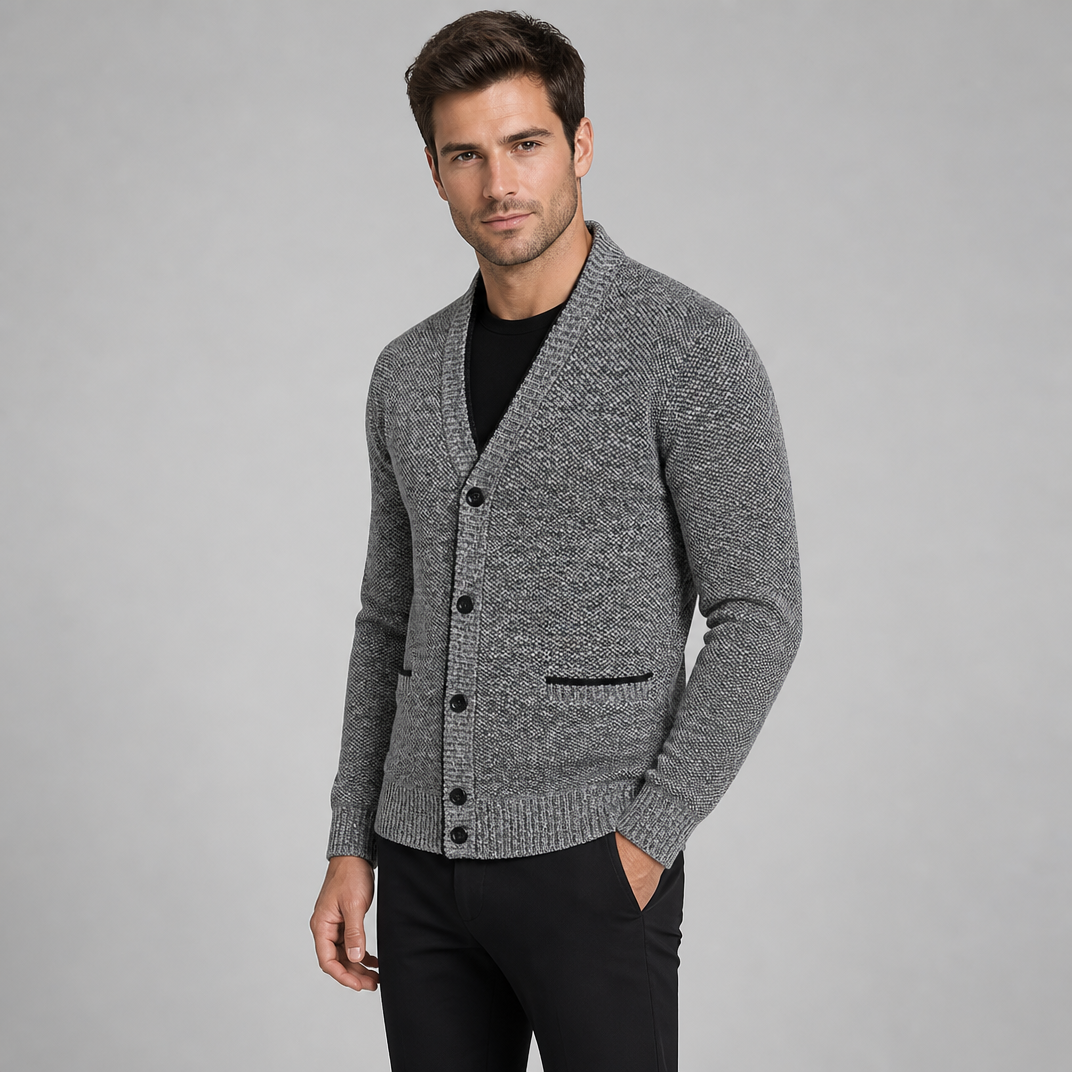 Men's Textured Knit Cardigan – Contrast Trim Button Jumper