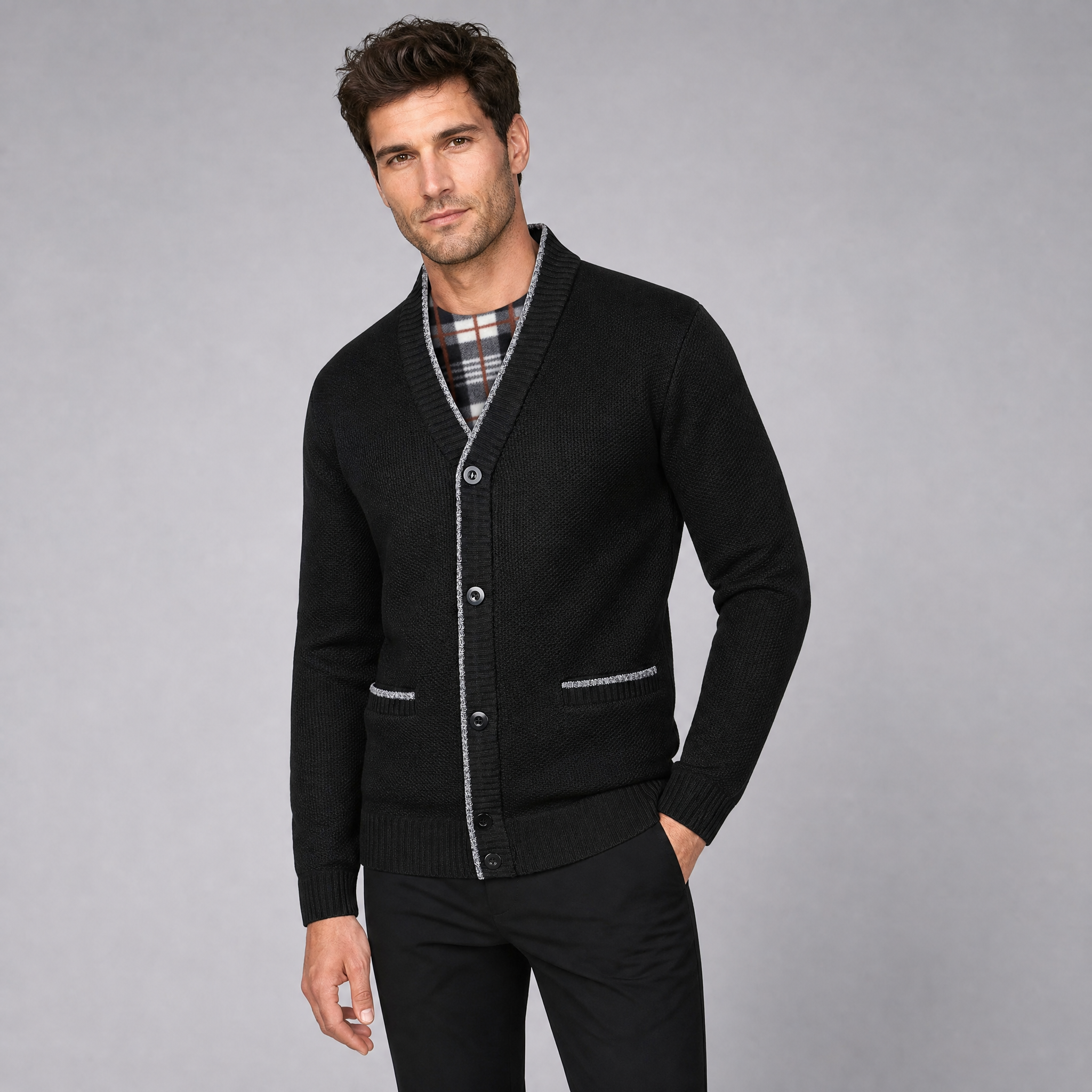 Men's Textured Knit Cardigan – Contrast Trim Button Jumper