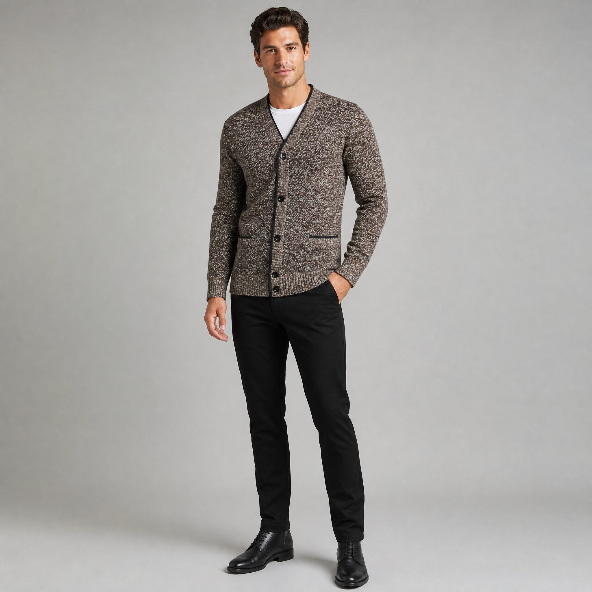 Men's Textured Knit Cardigan – Contrast Trim Button Jumper