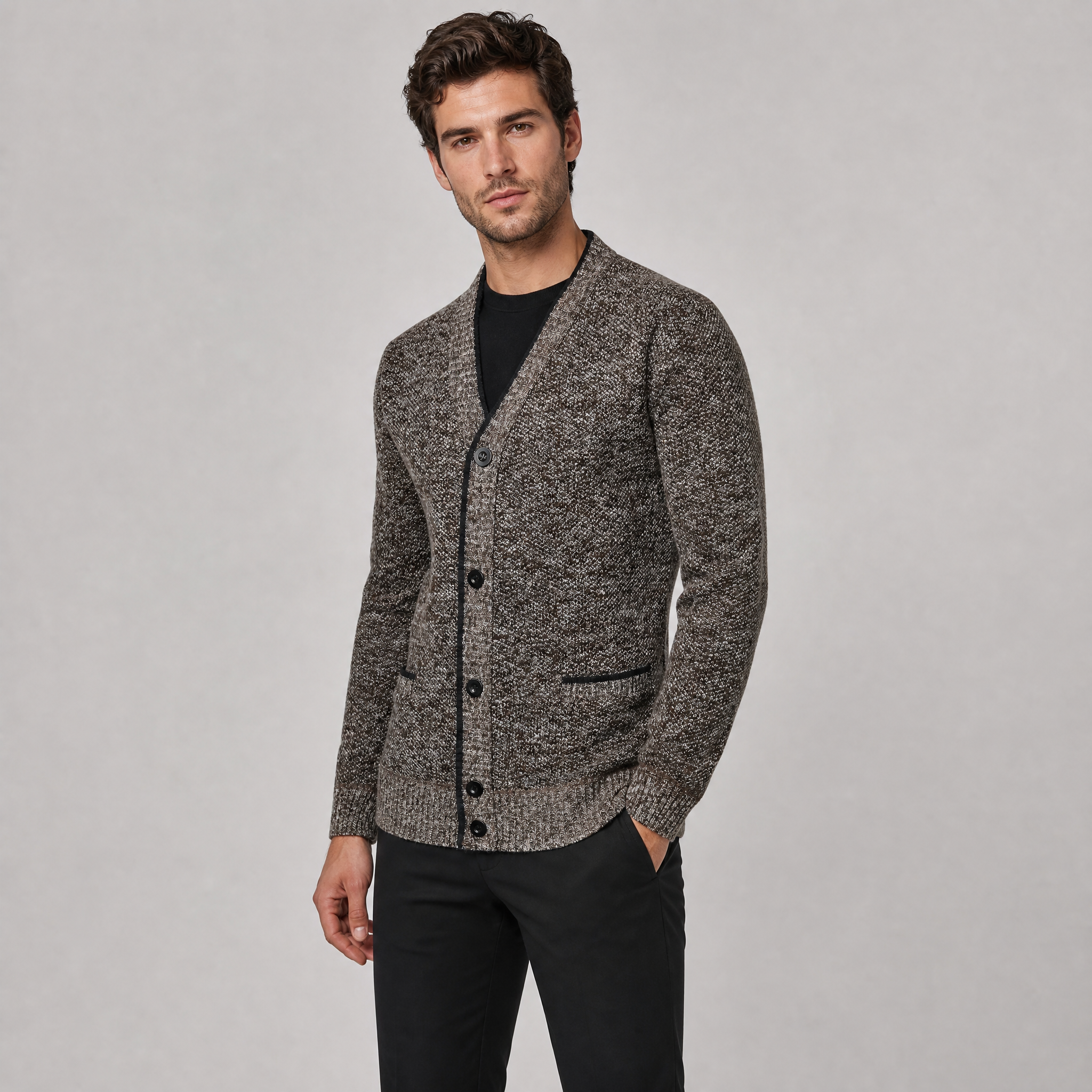 Men's Textured Knit Cardigan – Contrast Trim Button Jumper