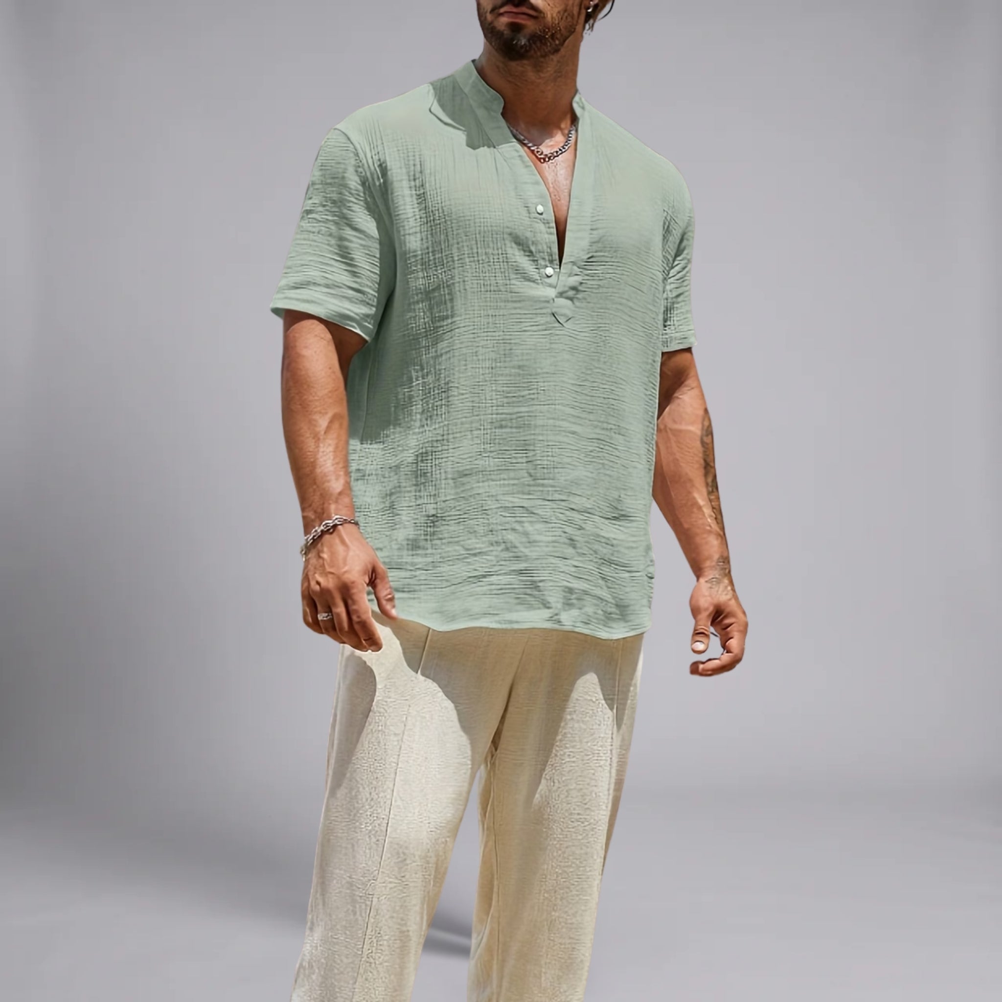 Men’s Textured Linen Henley Shirt