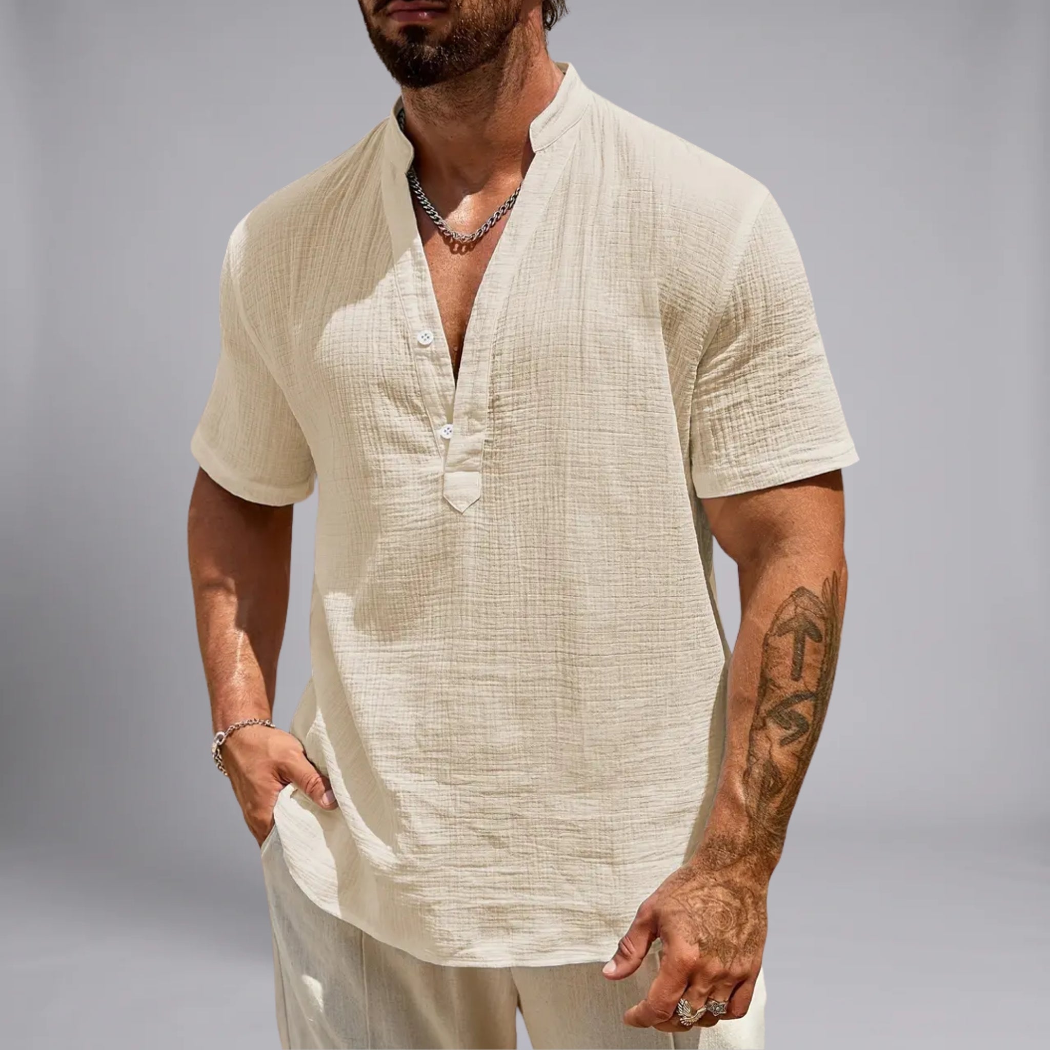 Men’s Textured Linen Henley Shirt