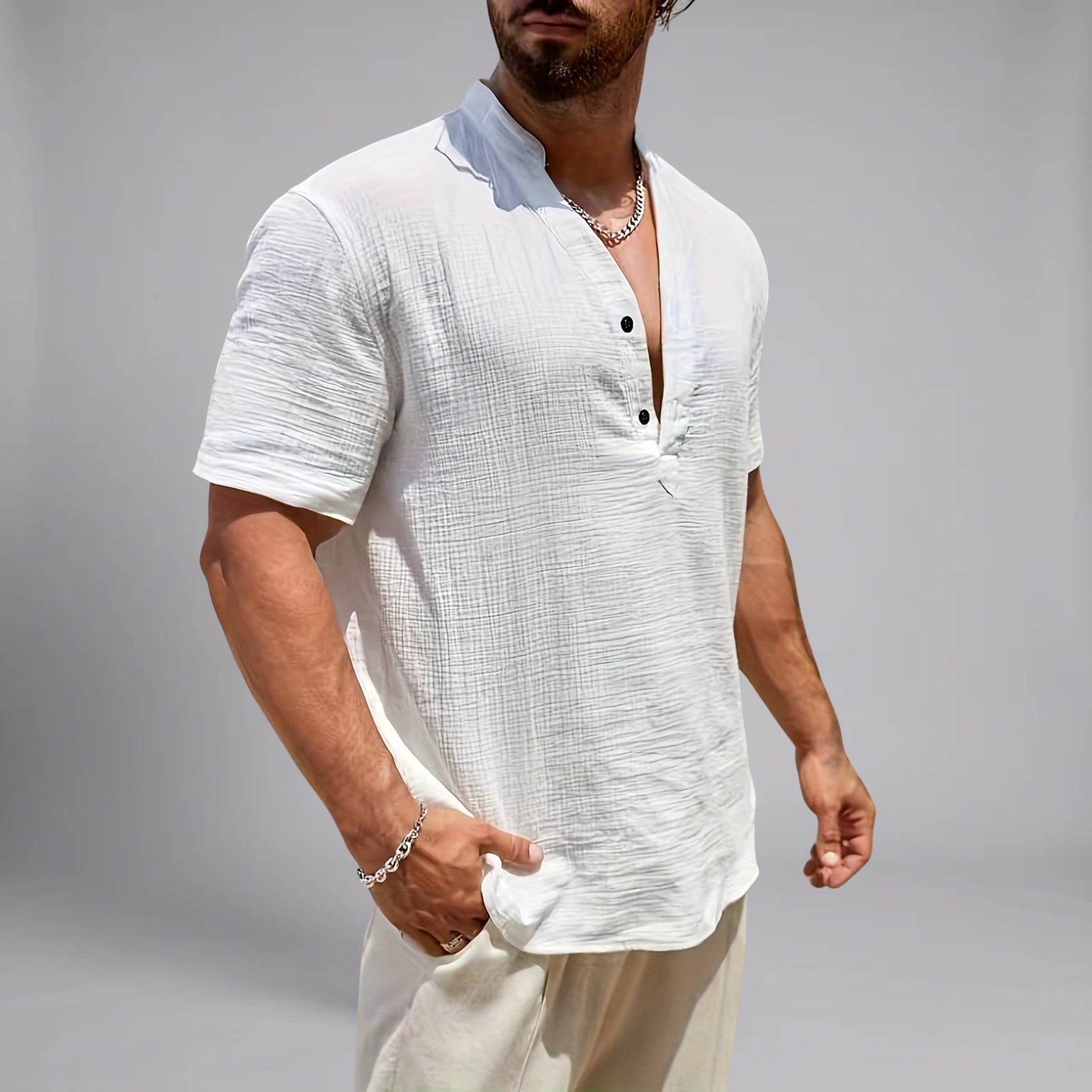 Men’s Textured Linen Mandarin Shirt