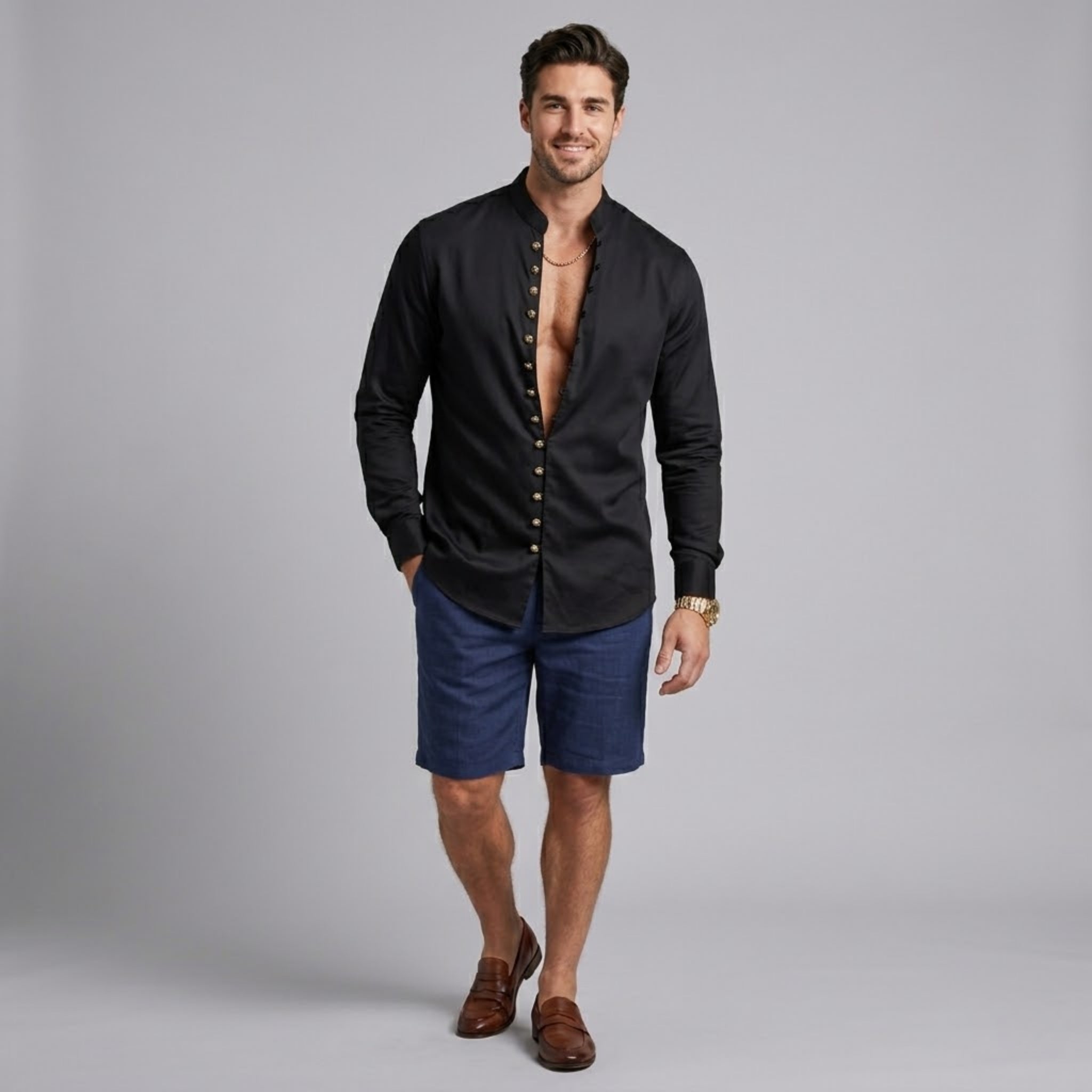 Men’s Textured Stand-Collar Button-Down Shirt
