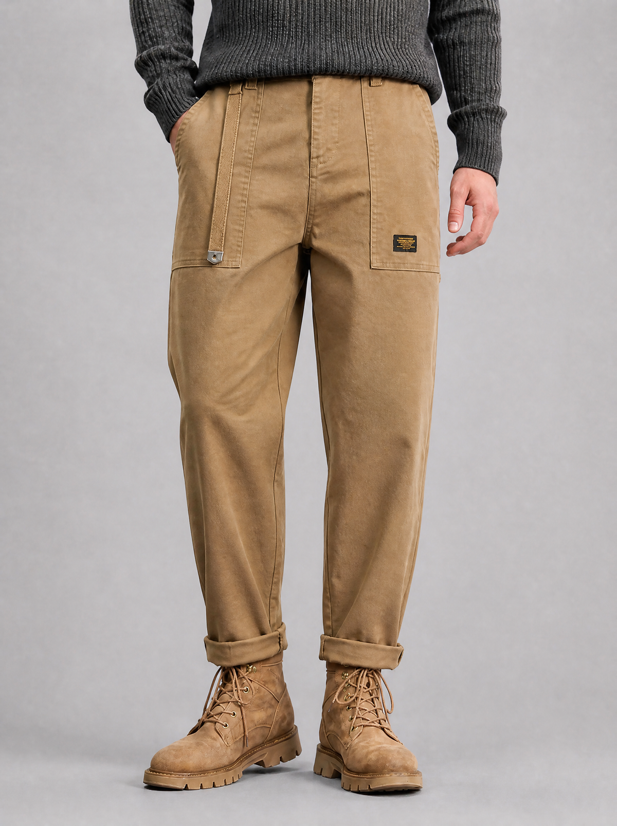 Men's Twill Blend Tapered Fatigue Trousers - Beige colour view