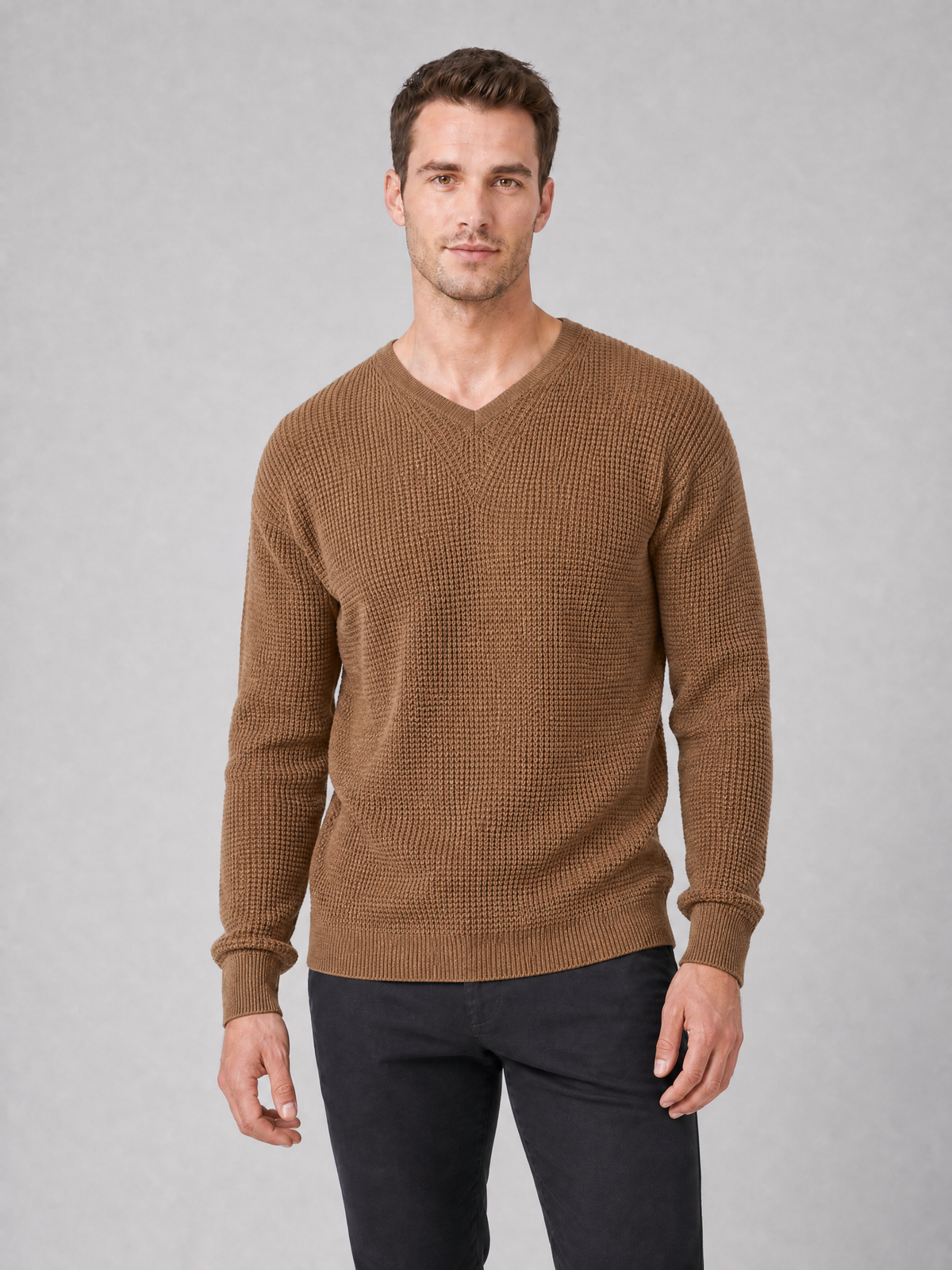 Men's Waffle Knit Cotton Regular-Fit V-Neck Jumper