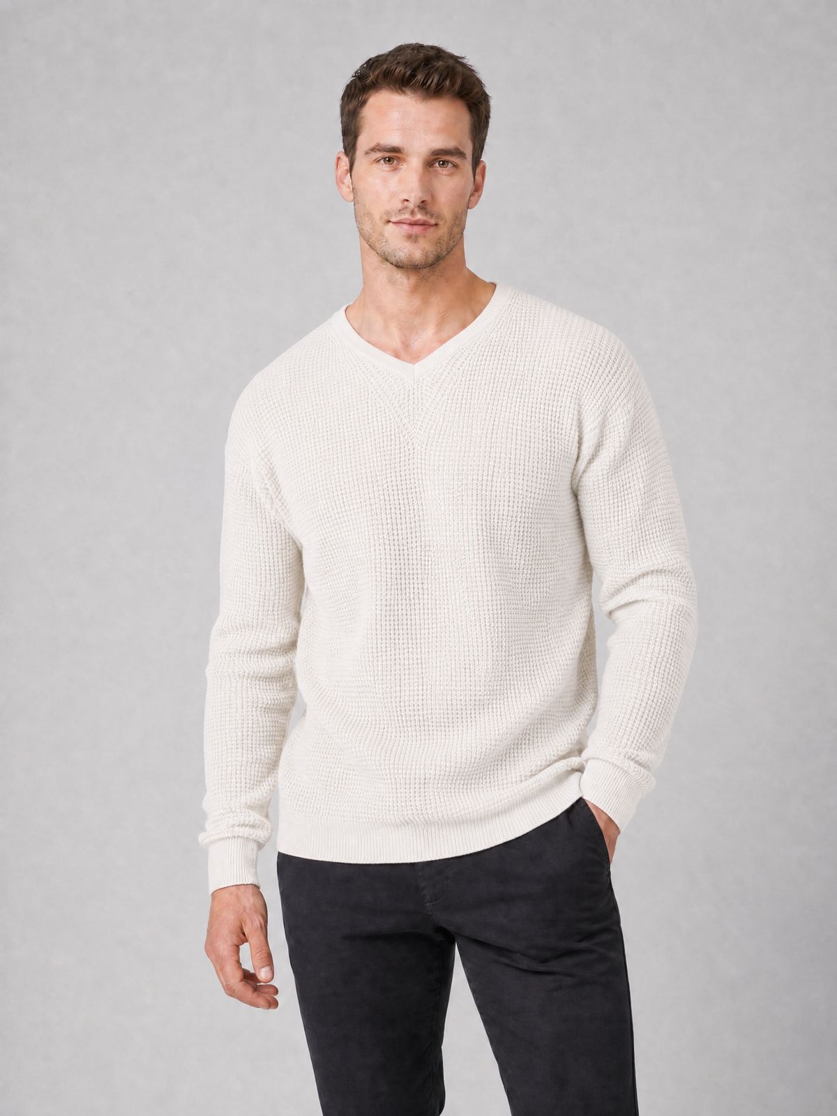Men's Waffle Knit Cotton Regular-Fit V-Neck Jumper
