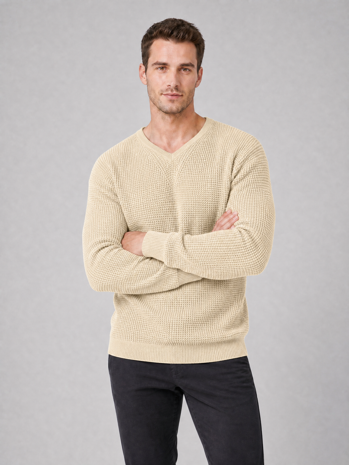 Men's Waffle Knit Cotton Regular-Fit V-Neck Jumper