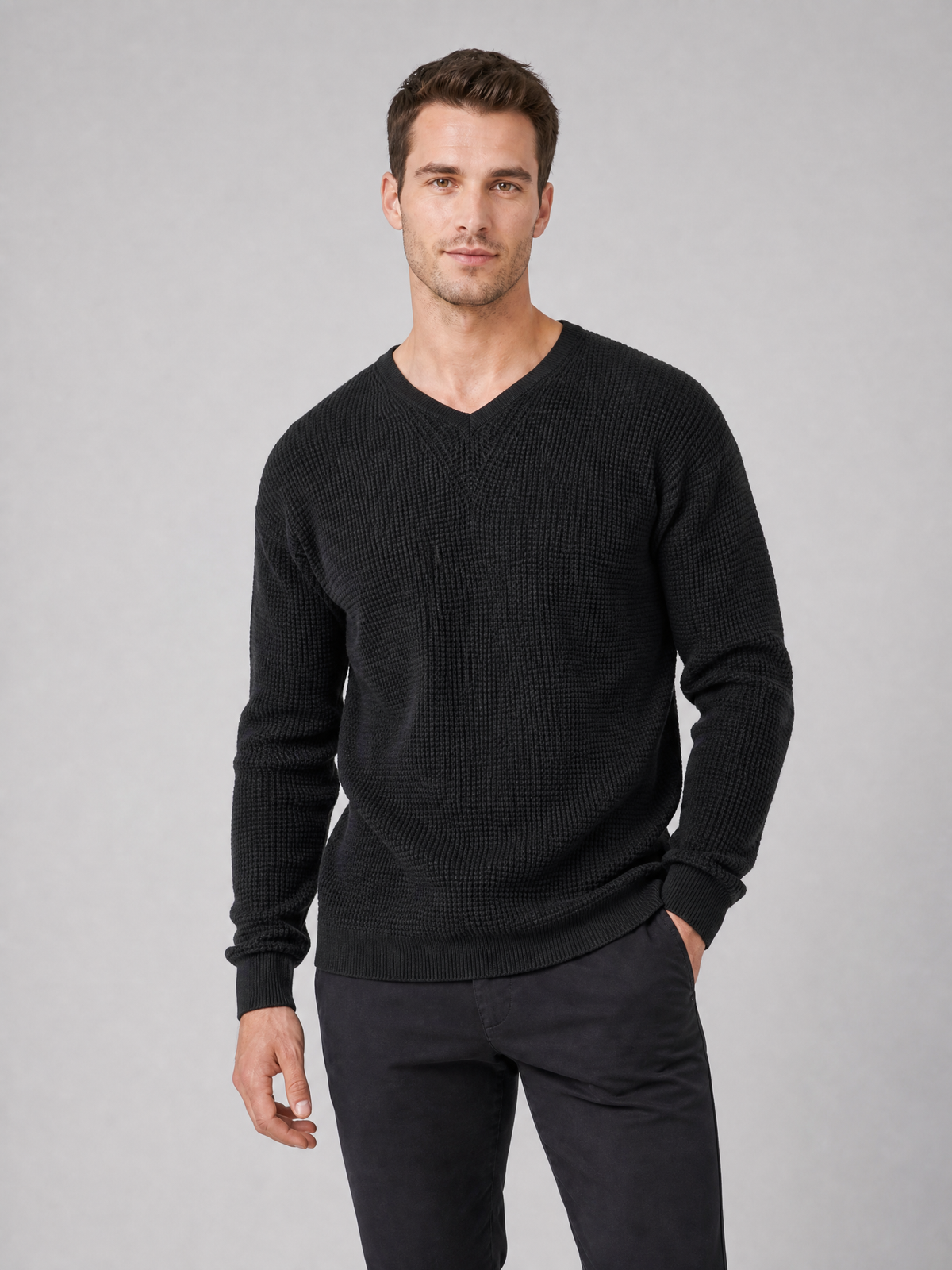 Men's Waffle Knit Cotton Regular-Fit V-Neck Jumper