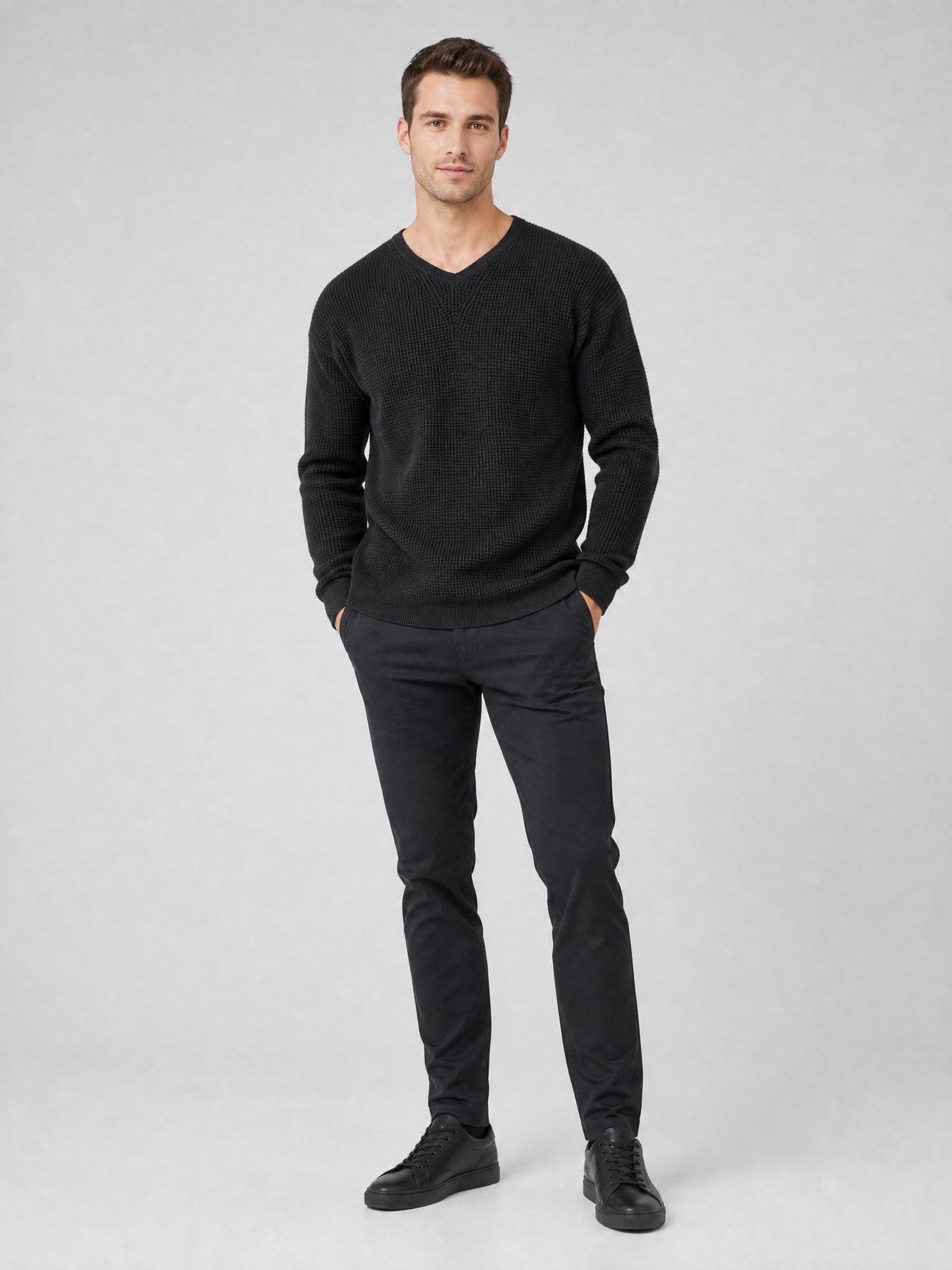 Men's Waffle Knit Cotton Regular-Fit V-Neck Jumper