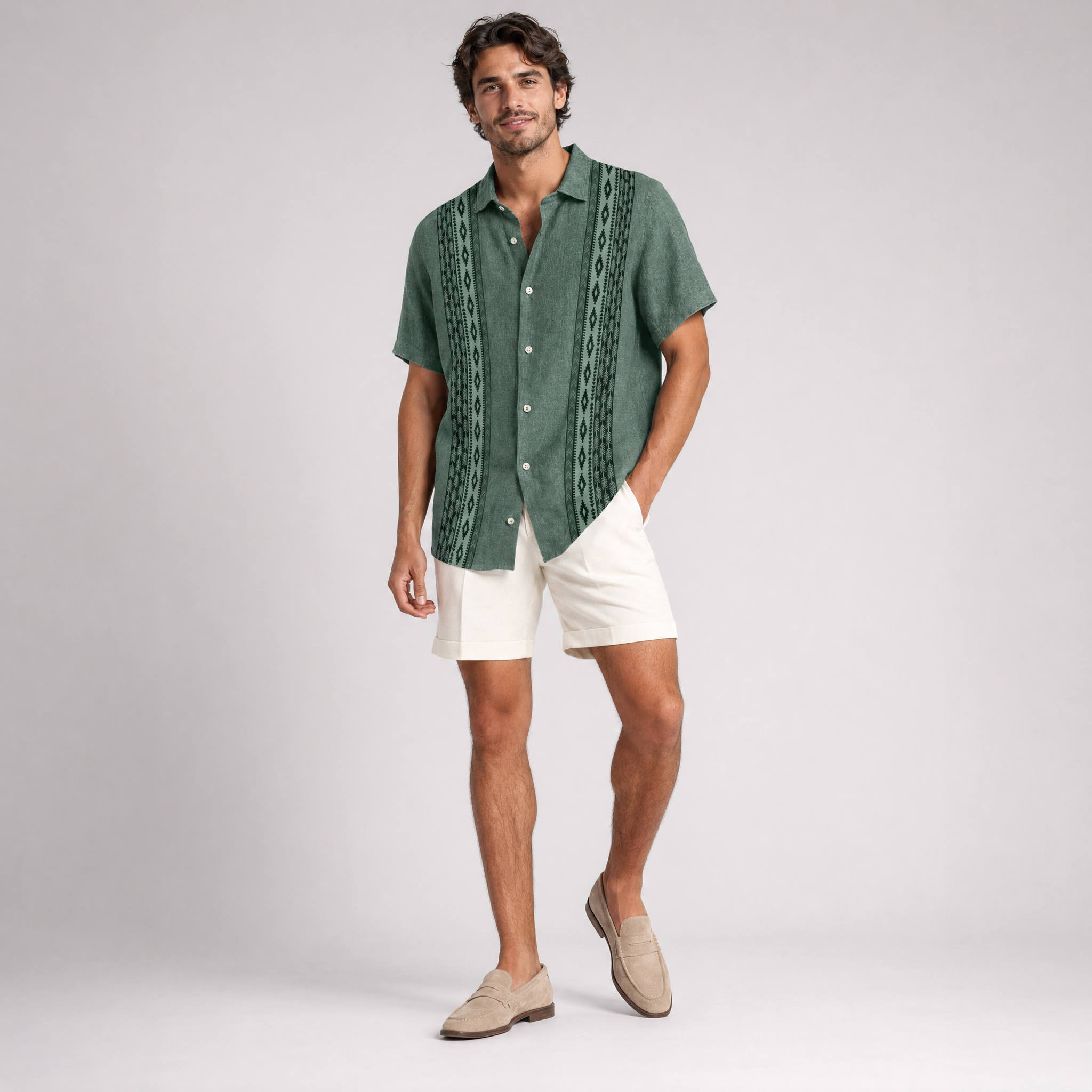 Men’s Waffle-Knit Cuban-Collar Drop-Shoulder Utility Resort Shirt
