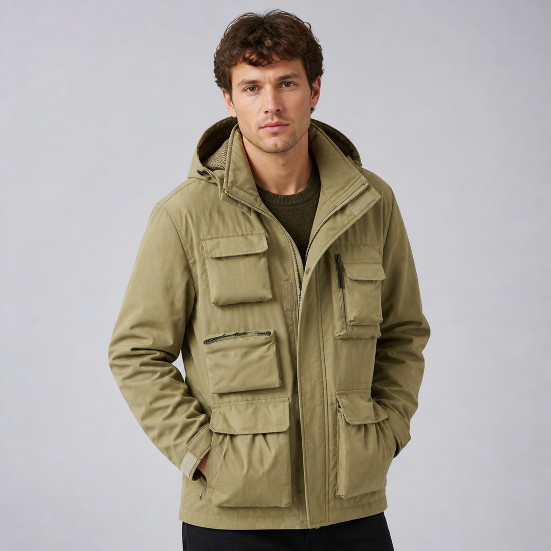 Men's Waterproof Multi-Pocket Hooded Puffer Jacket