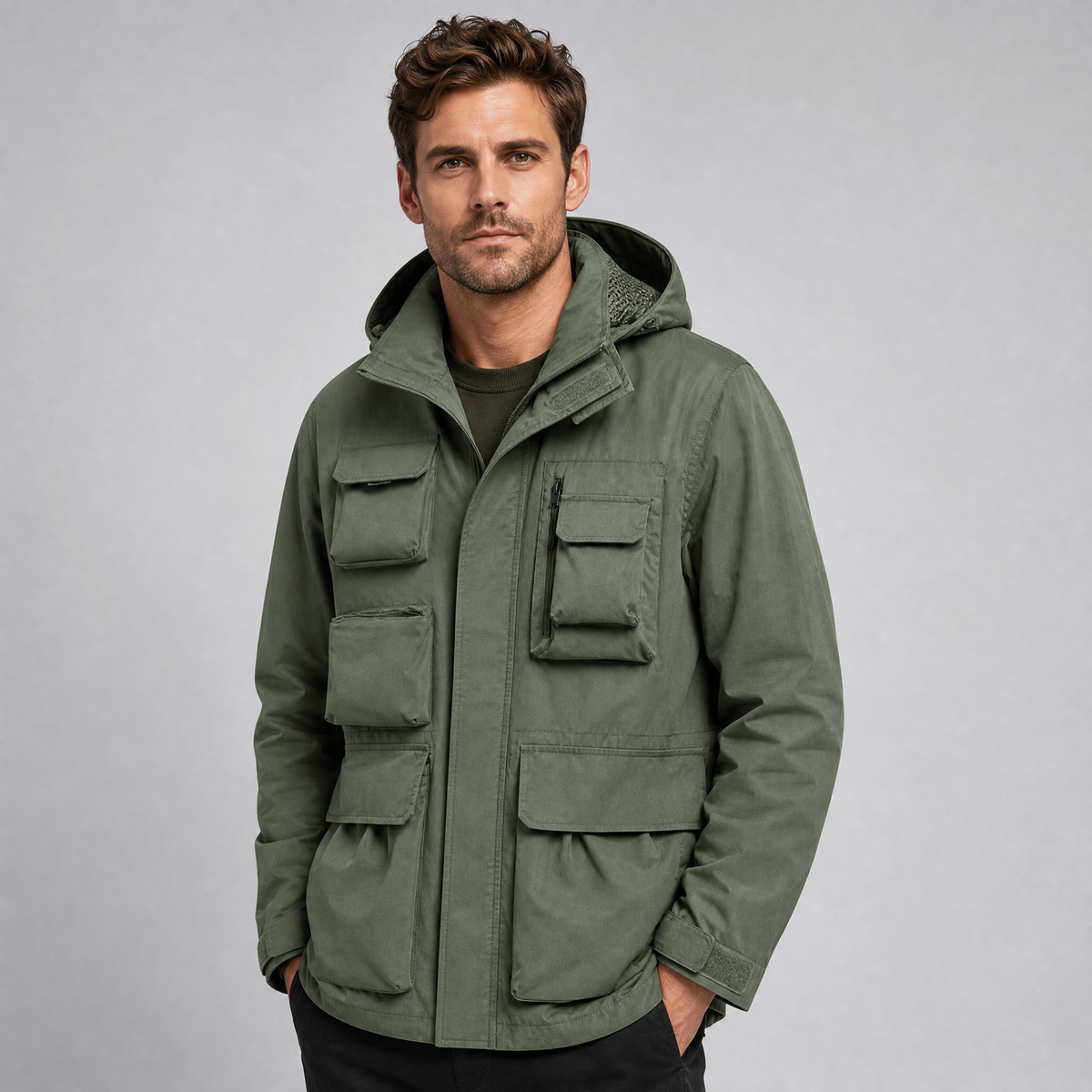 Men's Waterproof Multi-Pocket Hooded Puffer Jacket