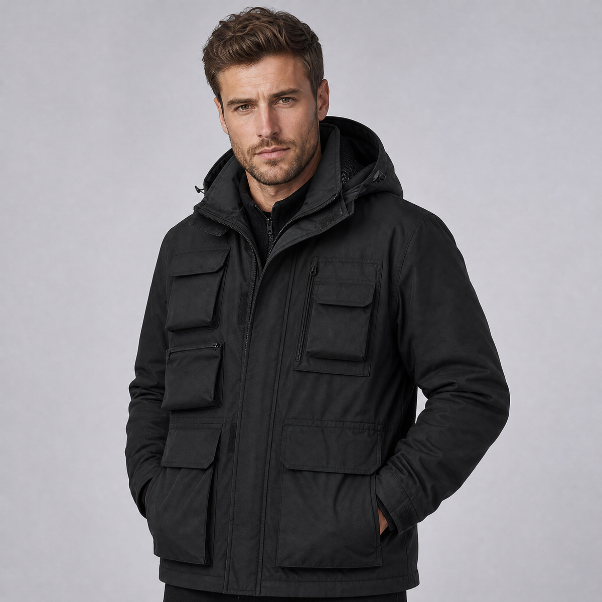 Men's Waterproof Multi-Pocket Hooded Puffer Jacket