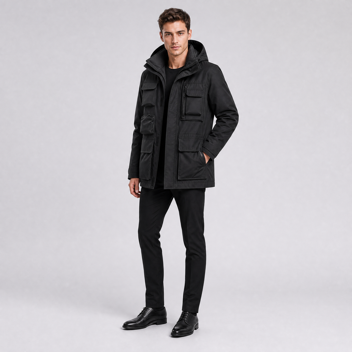 Men's Waterproof Multi-Pocket Hooded Puffer Jacket
