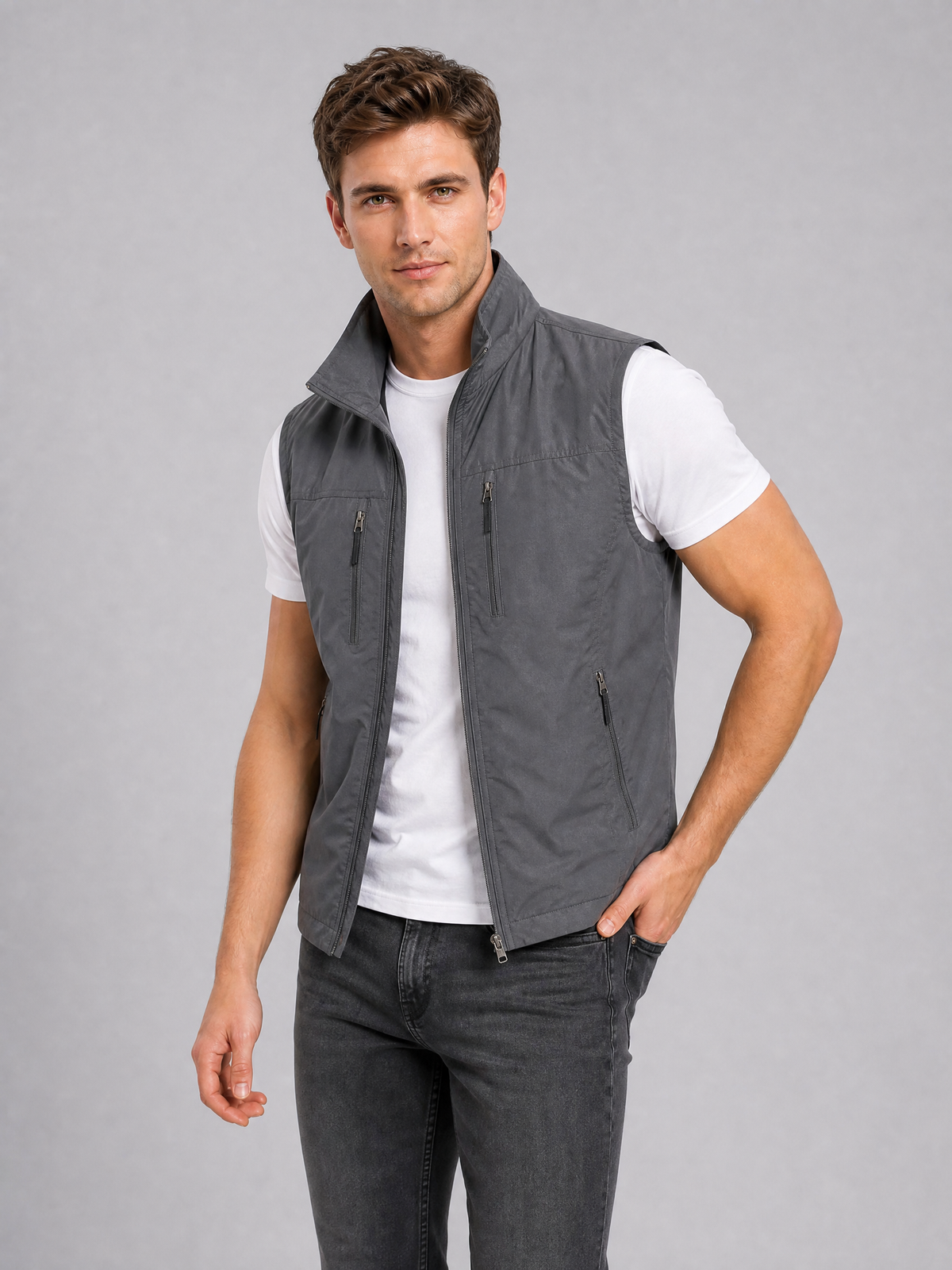 Men's Weatherproof Nylon Regular-Fit Zip-Up Gilet Black
