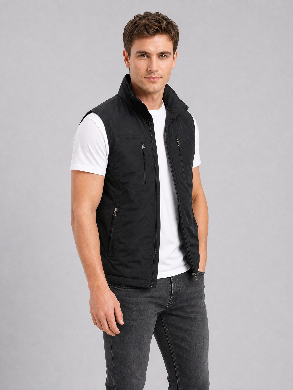 Men's Weatherproof Nylon Regular-Fit Zip-Up Gilet Black
