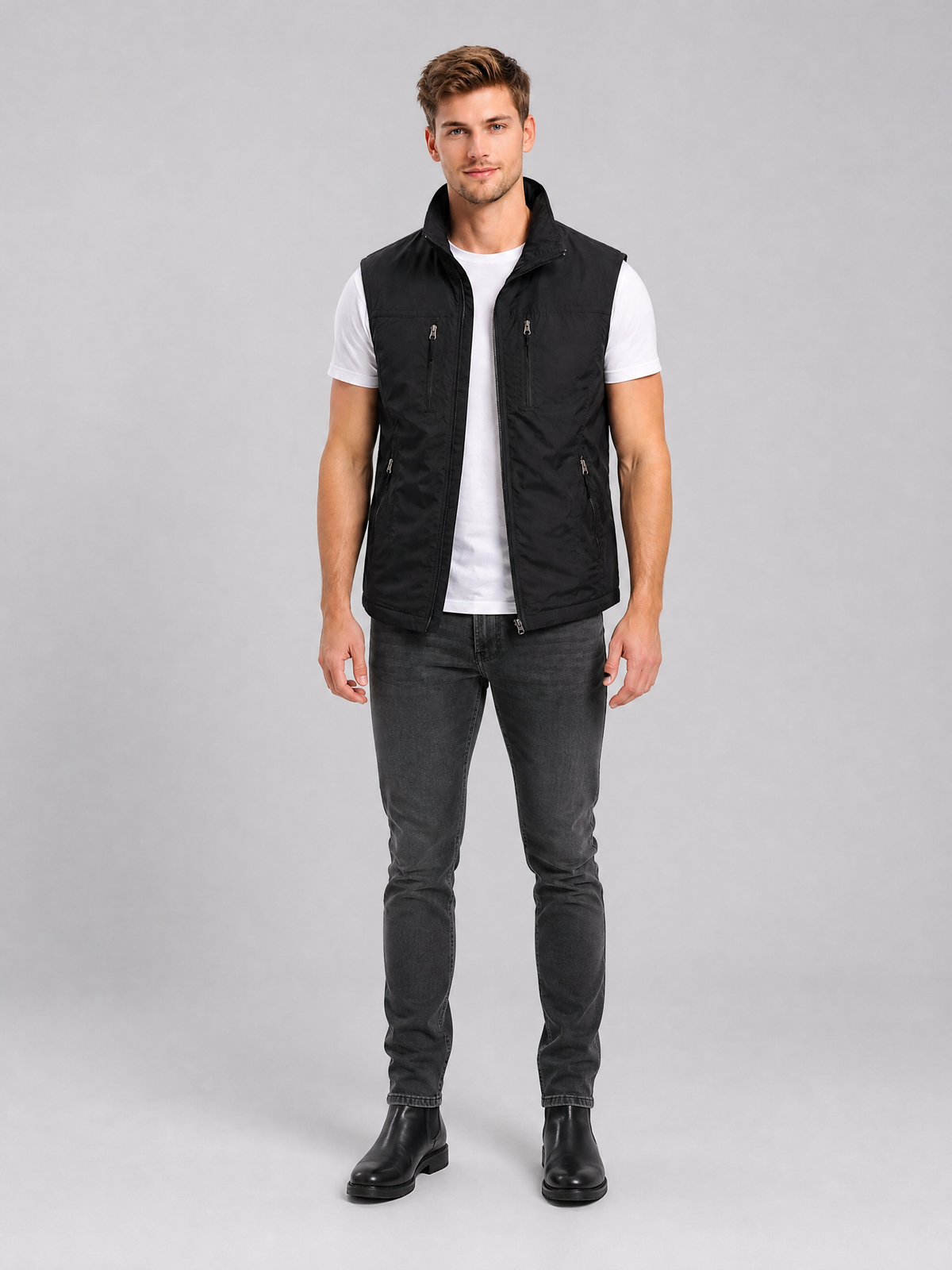 Men's Weatherproof Nylon Regular-Fit Zip-Up Gilet Black