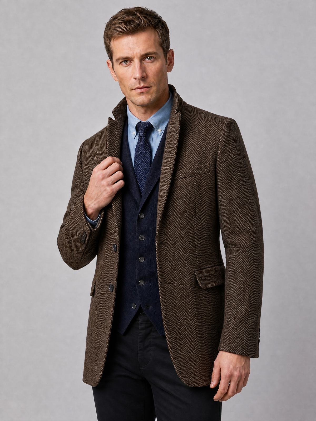 Men's Wool Blend Herringbone Tailored Stand Collar Coat