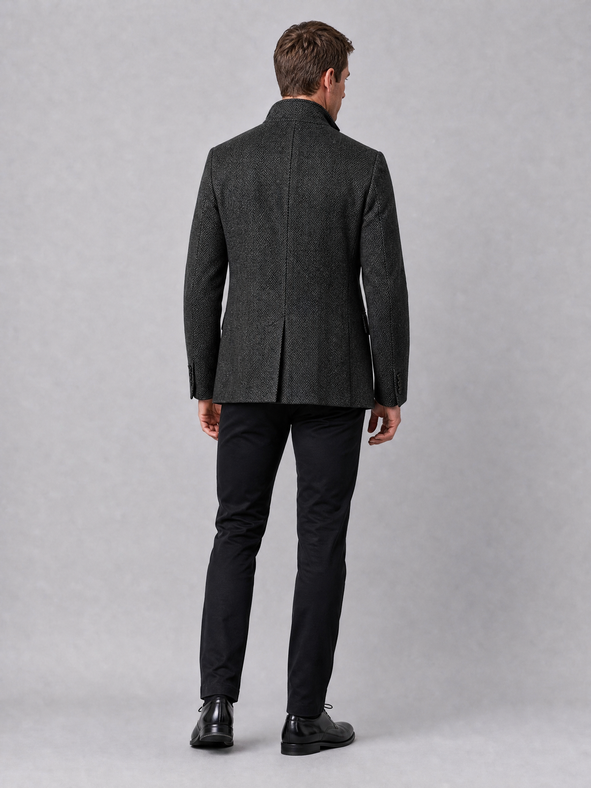 Men's Wool Blend Herringbone Tailored Stand Collar Coat