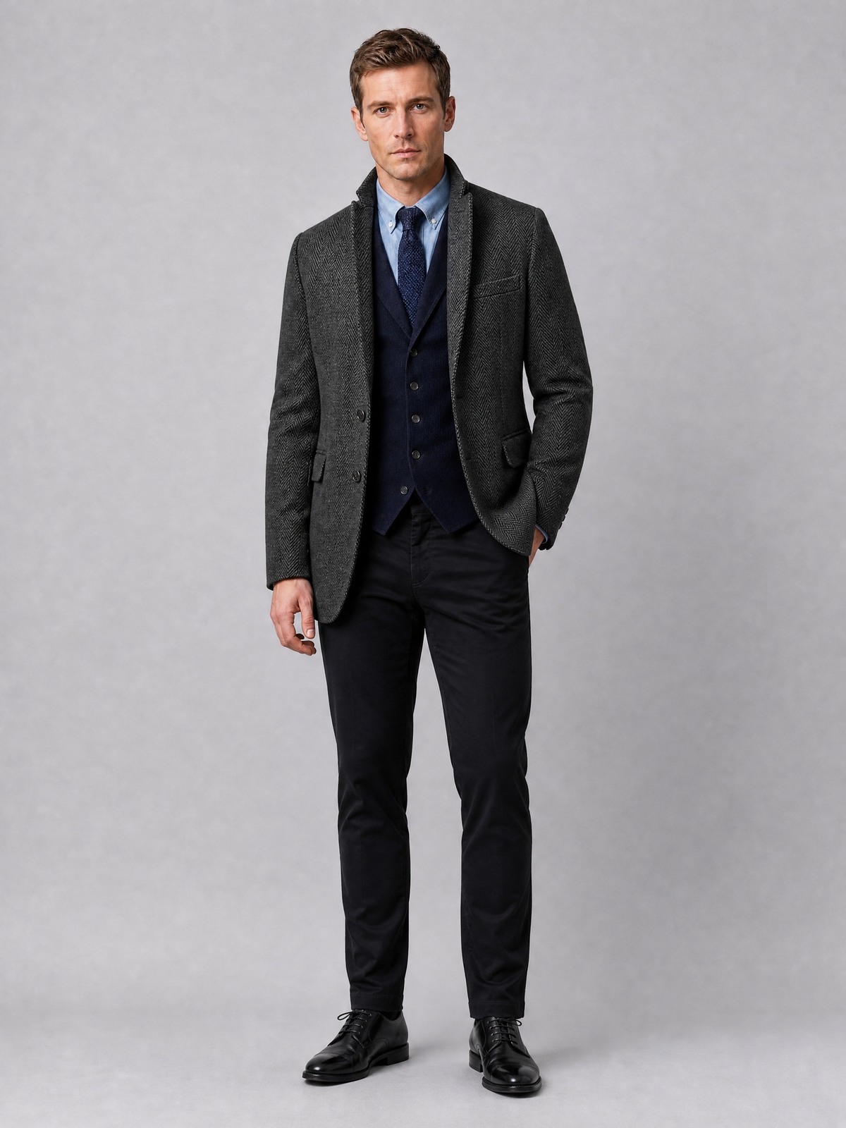 Men's Wool Blend Herringbone Tailored Stand Collar Coat