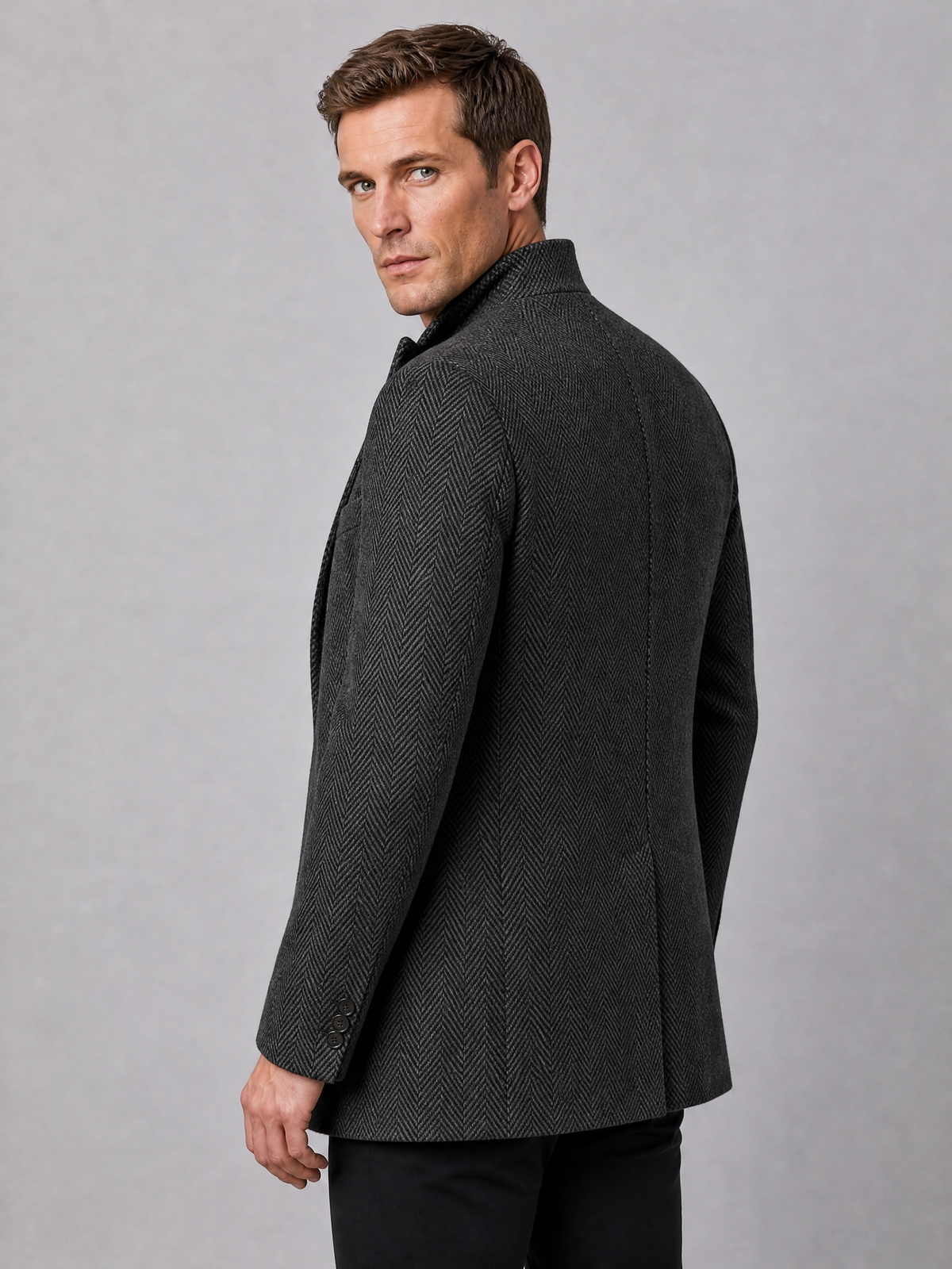 Men's Wool Blend Herringbone Tailored Stand Collar Coat