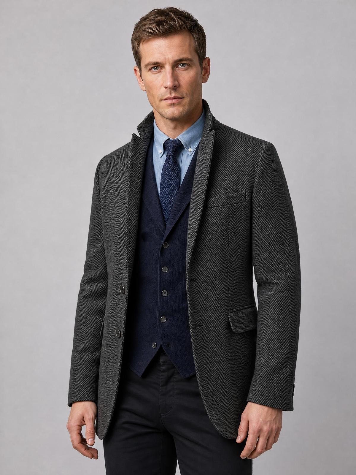 Men's Wool Blend Herringbone Tailored Stand Collar Coat
